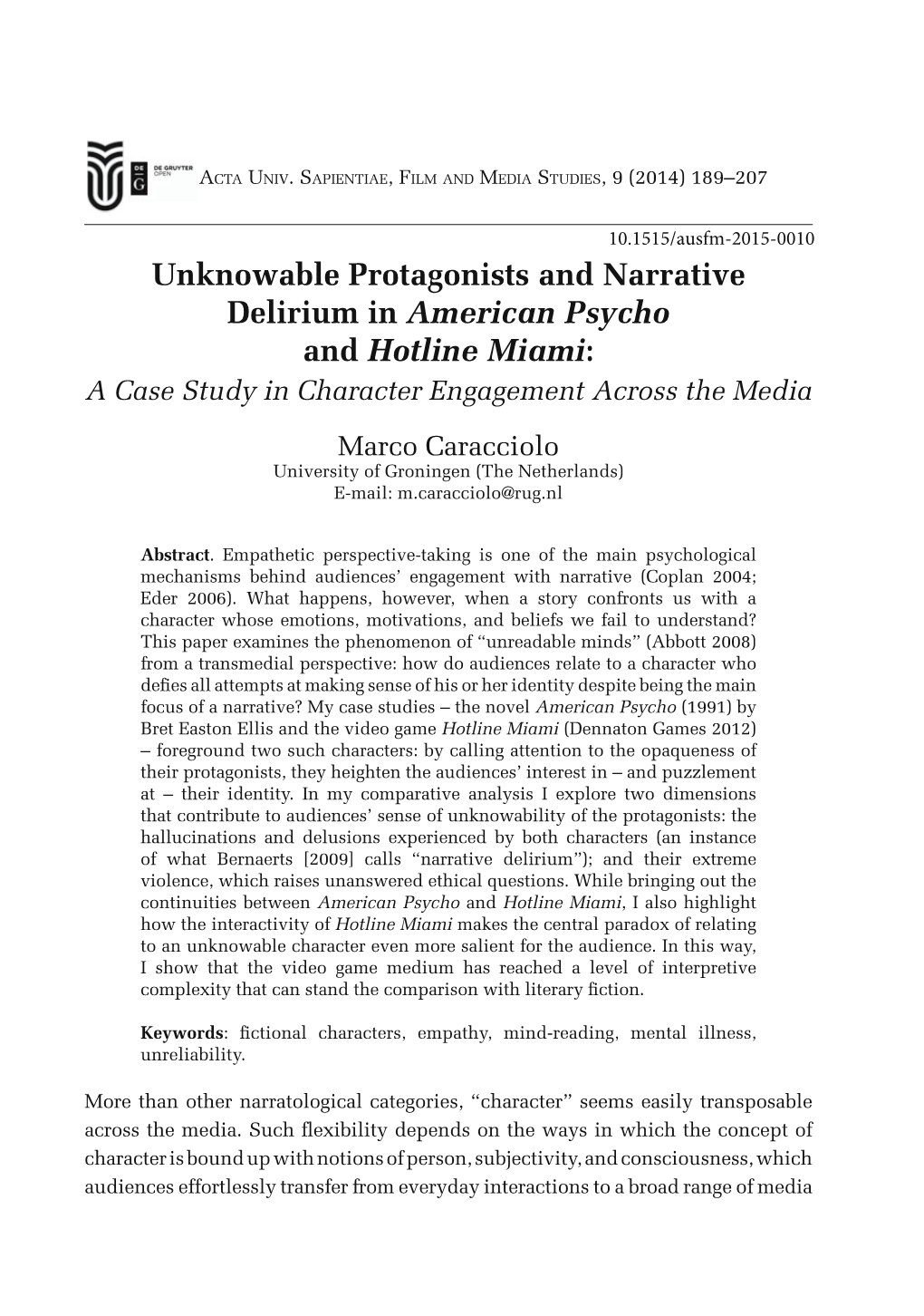 Unknowable Protagonists and Narrative Delirium in American Psycho and Hotline Miami: a Case Study in Character Engagement Across the Media