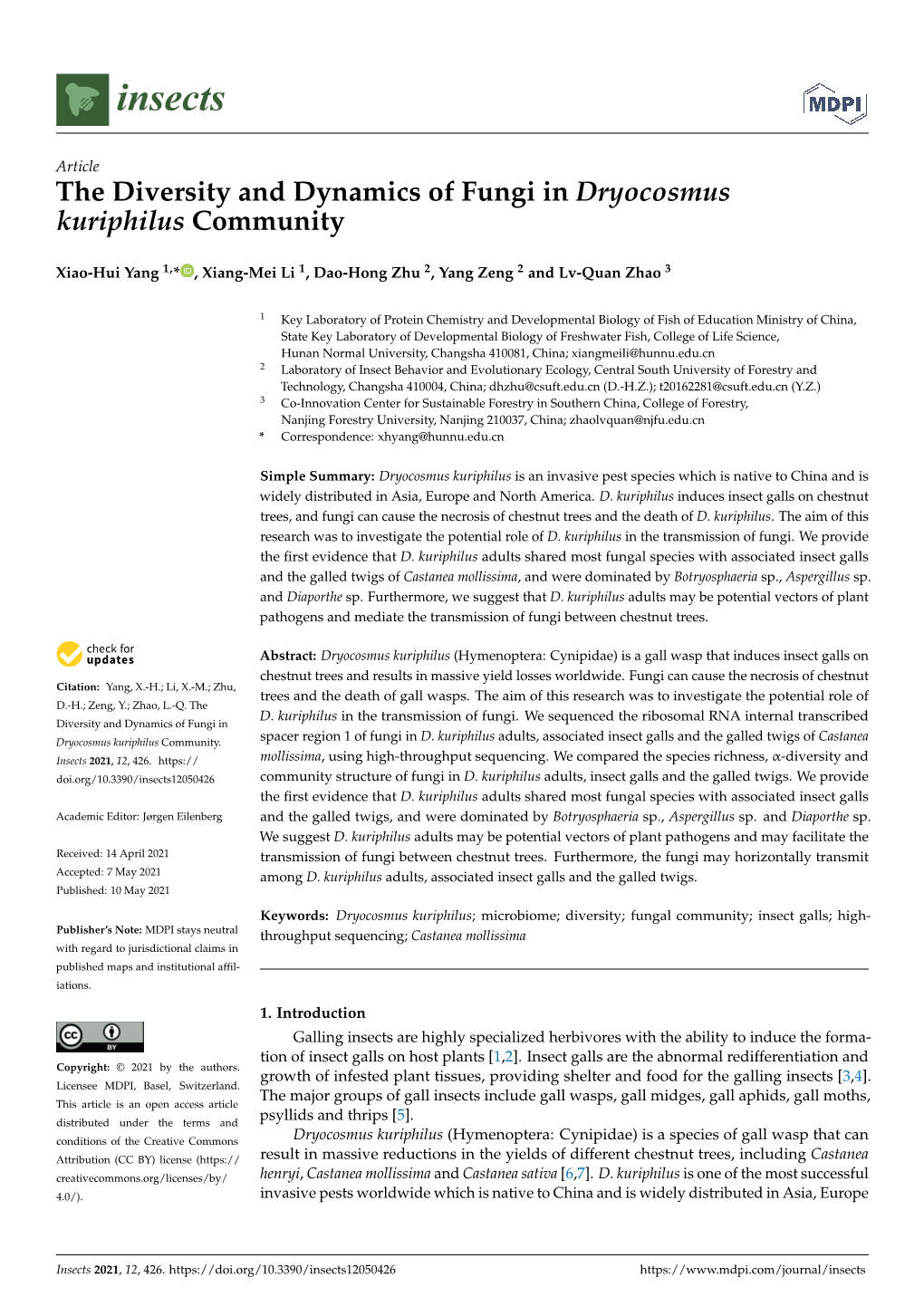 The Diversity and Dynamics of Fungi in Dryocosmus Kuriphilus Community