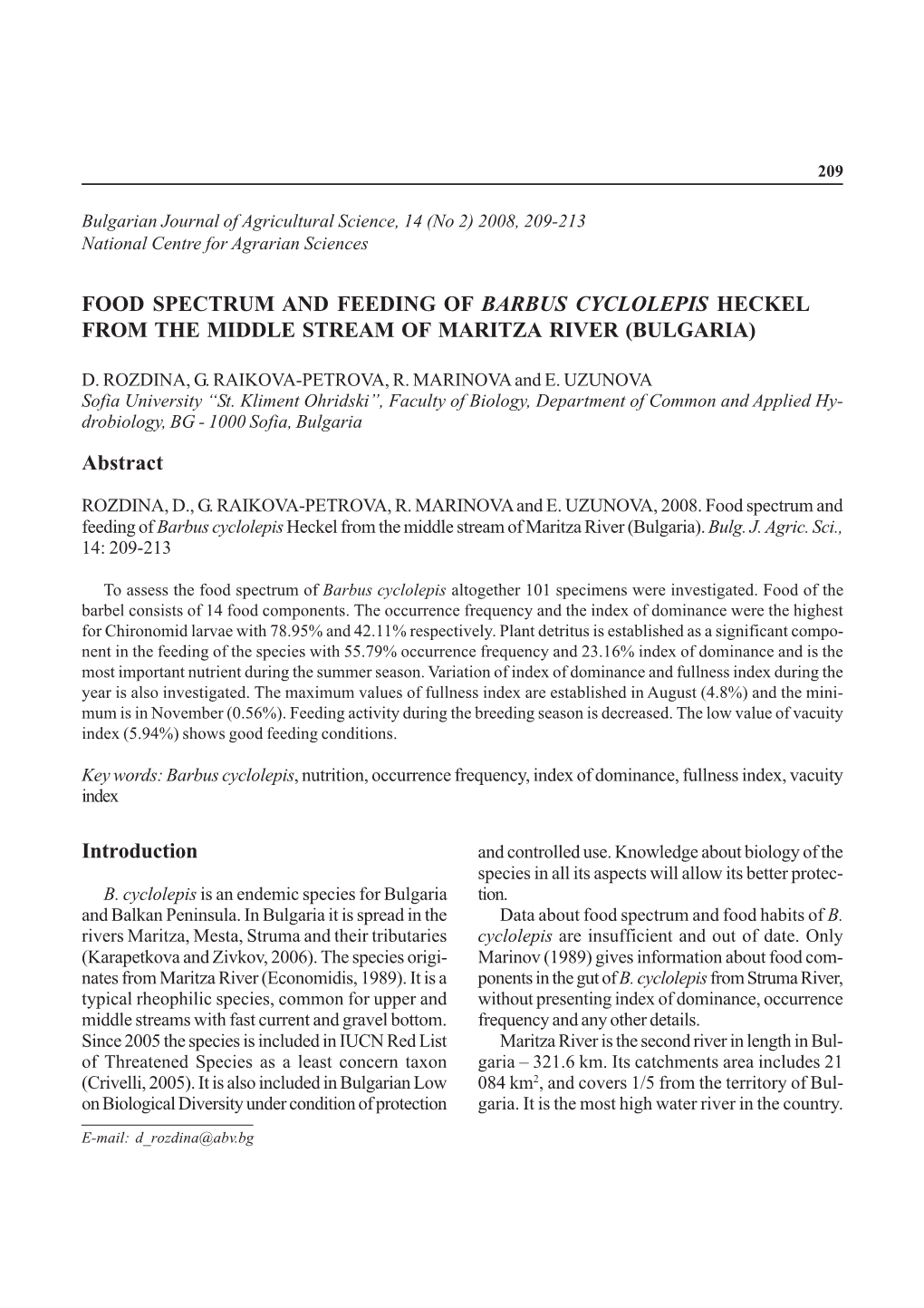 Food Spectrum and Feeding of Barbus Cyclolepis Heckel from the Middle Stream of Maritza River (Bulgaria)