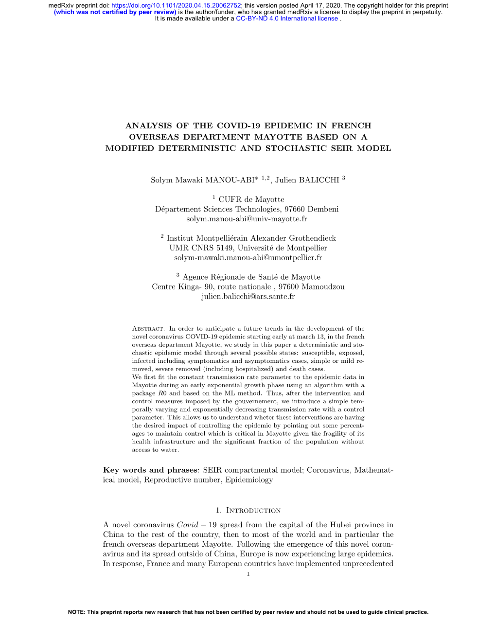 Analysis of the Covid-19 Epidemic in French Overseas Department Mayotte Based on a Modified Deterministic and Stochastic Seir Model