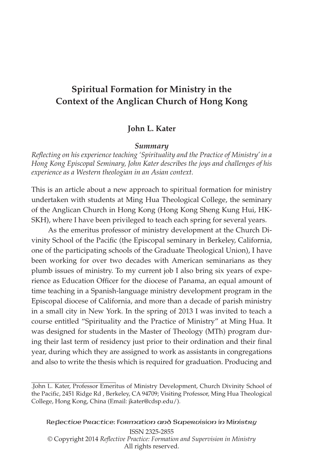 Spiritual Formation for Ministry in the Context of the Anglican Church of Hong Kong