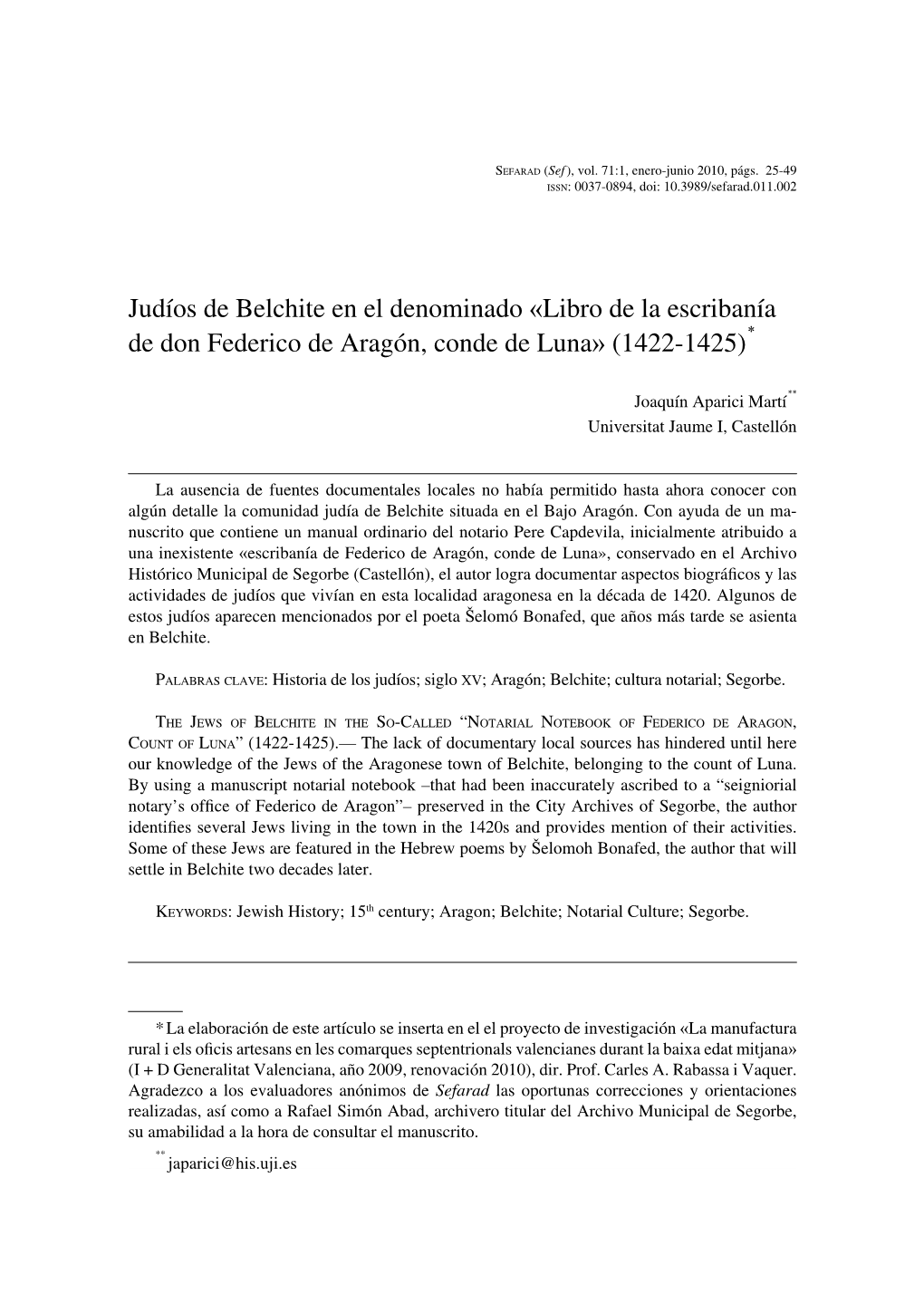 Judíos De Belchite En El Denominado «Libro De La Escribanía * De Don Federico De Aragón, Conde De Luna» (1422-1425)