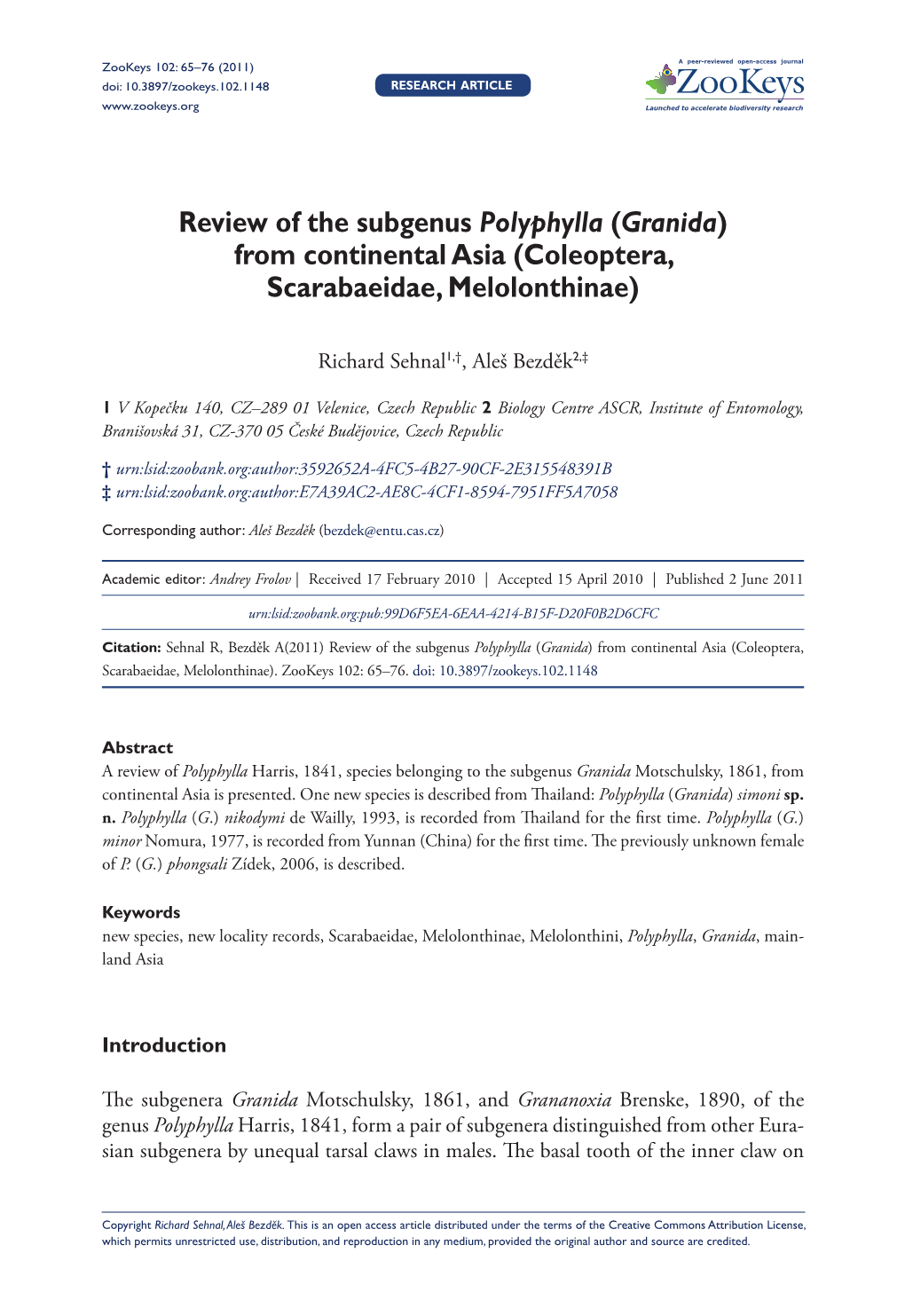 Review of the Subgenus Polyphylla (Granida) from Continental Asia (Coleoptera, Scarabaeidae, Melolonthinae)