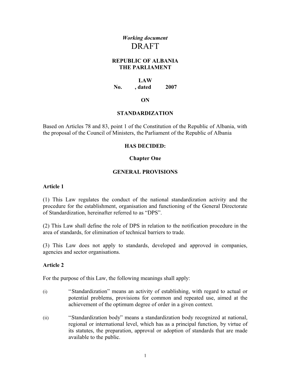 Law on Standardization (Draft)