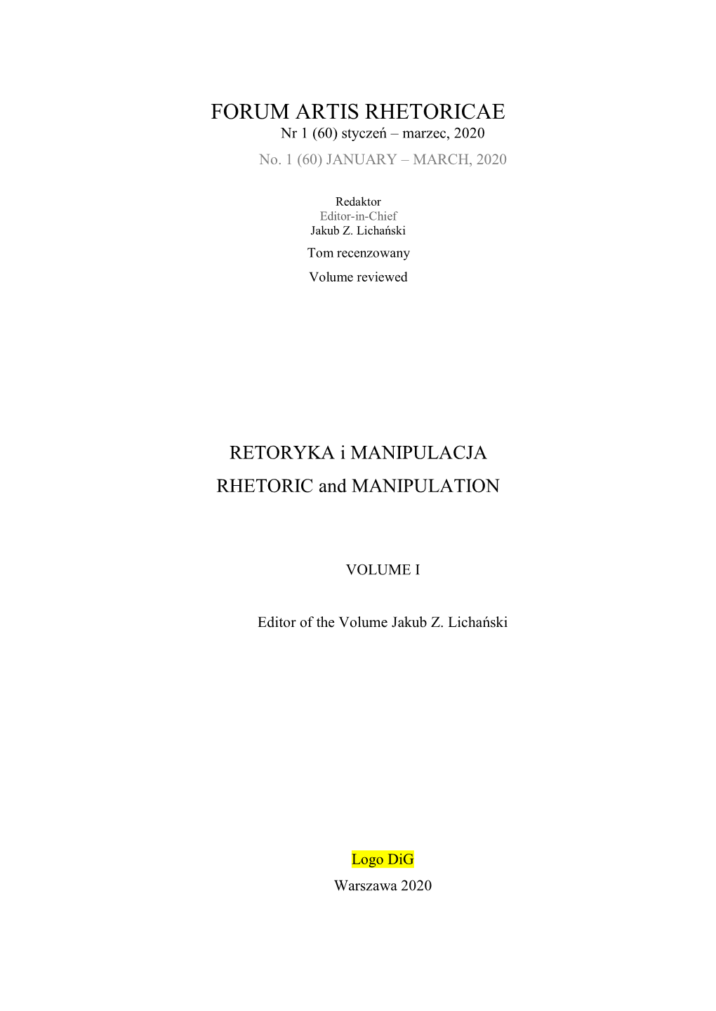 FORUM ARTIS RHETORICAE Nr 1 (60) Styczeń – Marzec, 2020 No