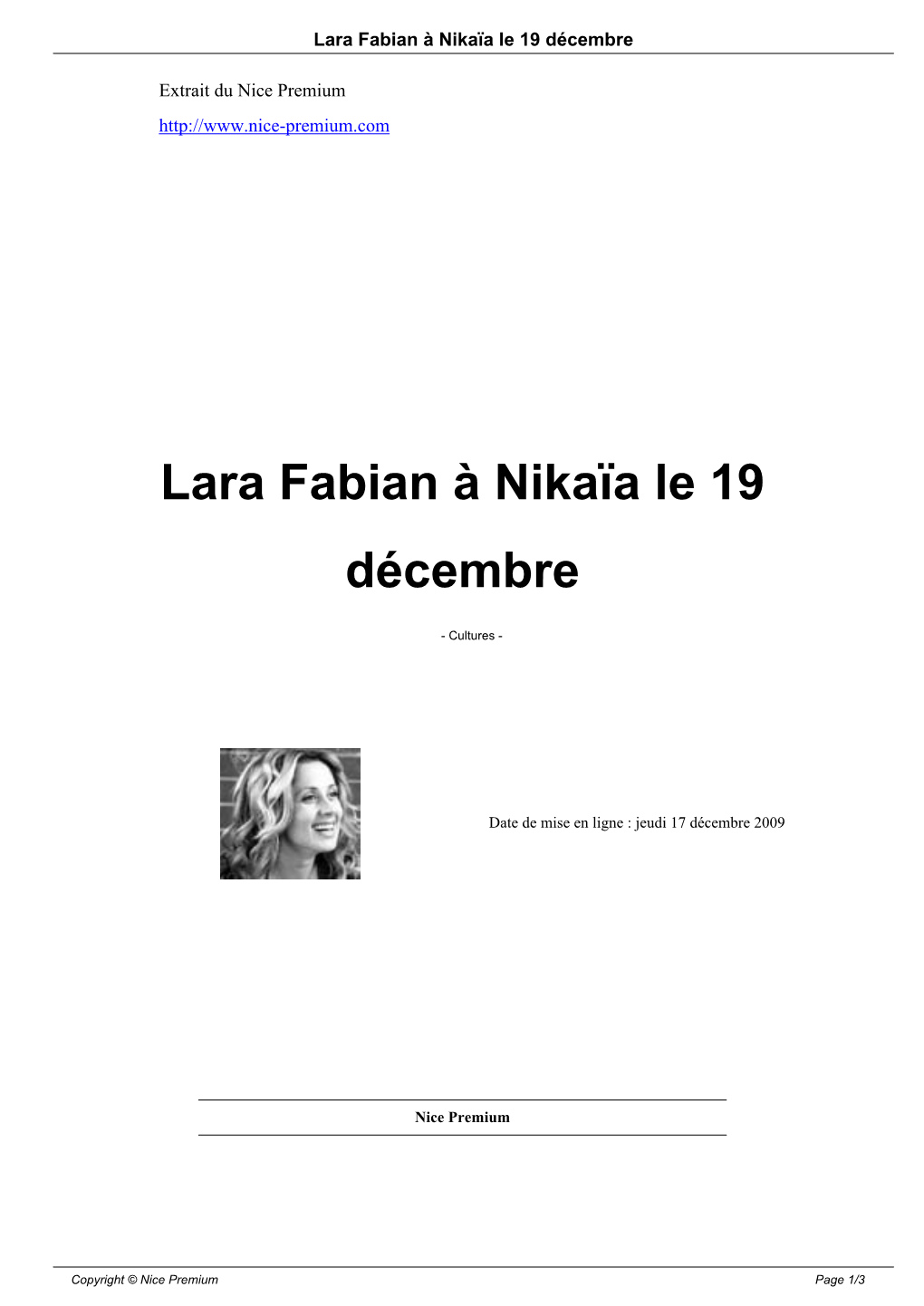 Lara Fabian À Nikaïa Le 19 Décembre