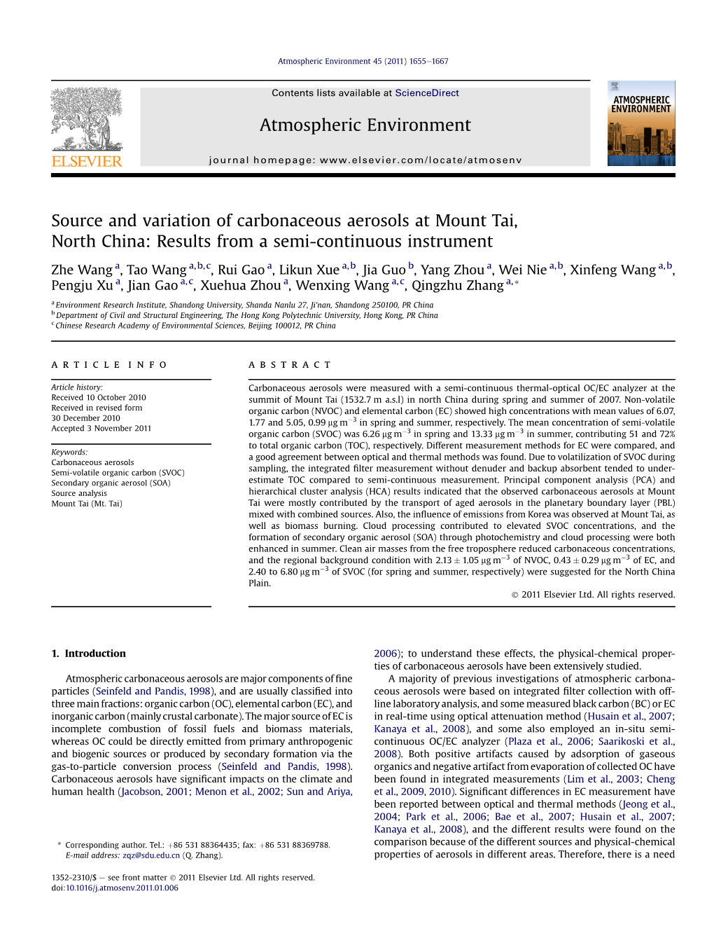 Source and Variation of Carbonaceous Aerosols at Mount Tai, North China: Results from a Semi-Continuous Instrument