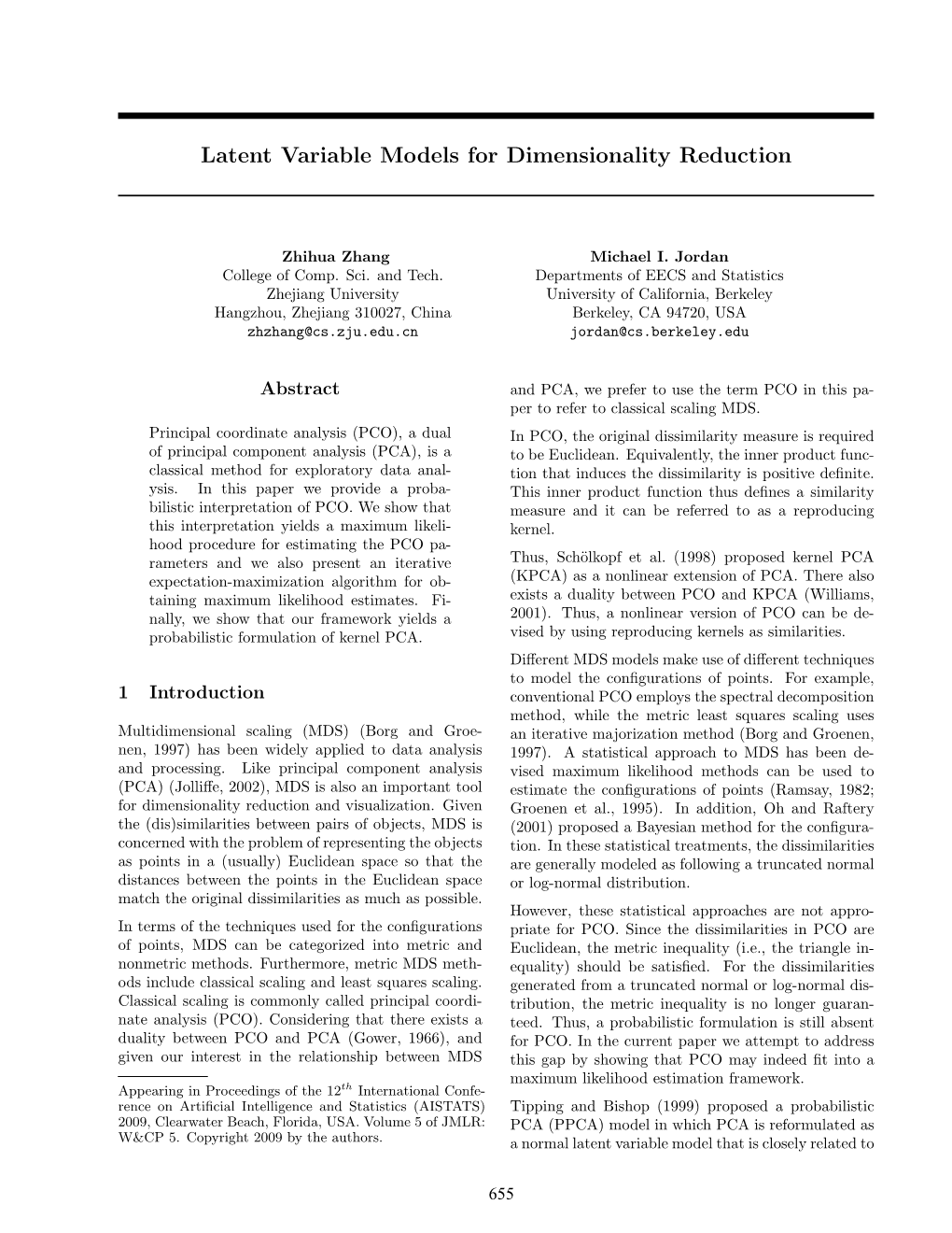 Latent Variable Models for Dimensionality Reduction