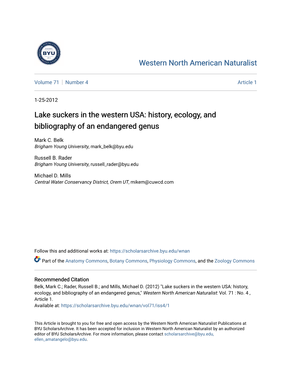 Lake Suckers in the Western USA: History, Ecology, and Bibliography of an Endangered Genus