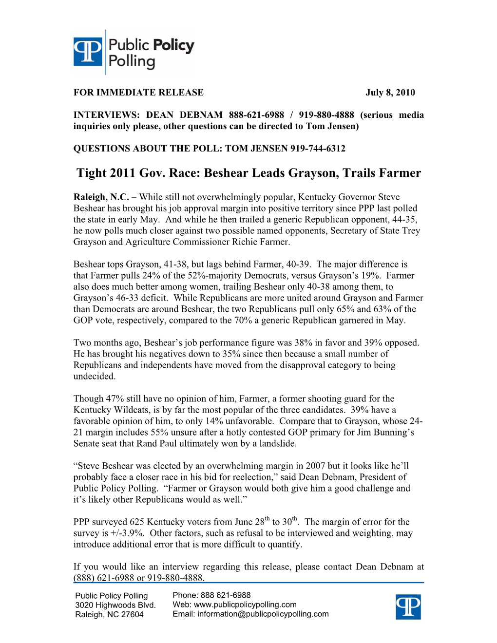 Tight 2011 Gov. Race: Beshear Leads Grayson, Trails Farmer