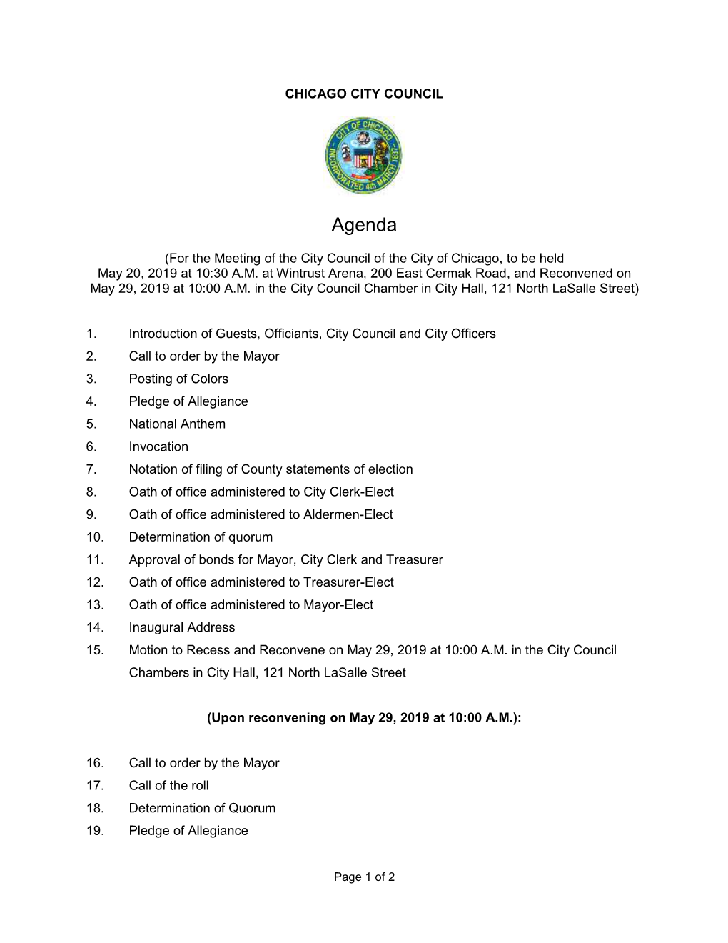 05-20-2019 Inaugural/Reconvened Meeting Agenda