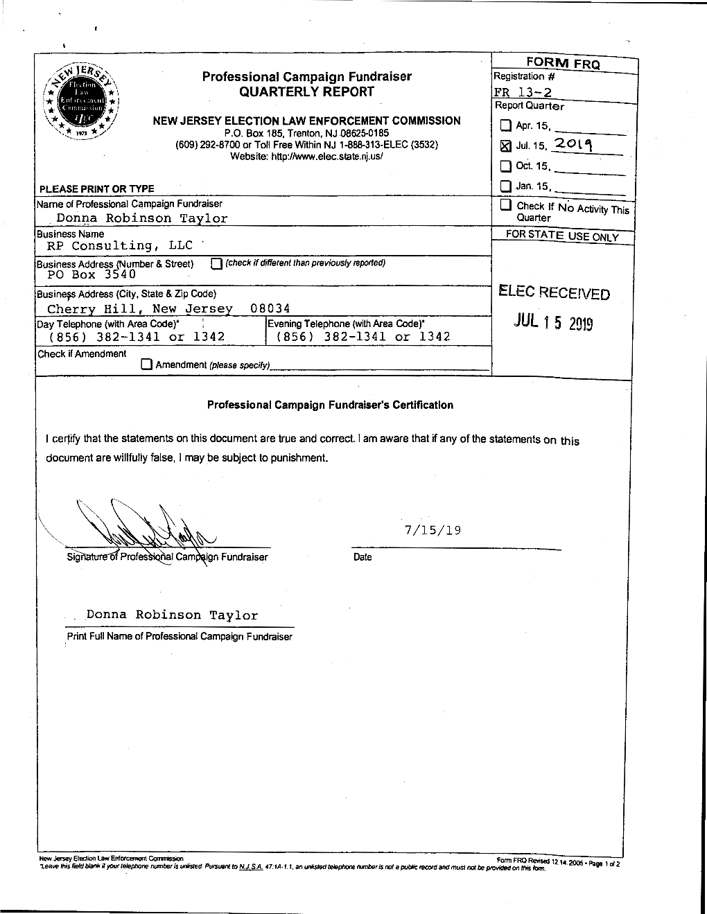 JUL 1 5 2019 (856) 382-1341 Or 1342 (856) 382-1341 Or 1342 Check If Amendment 0 Amendment (Please Specify) ______