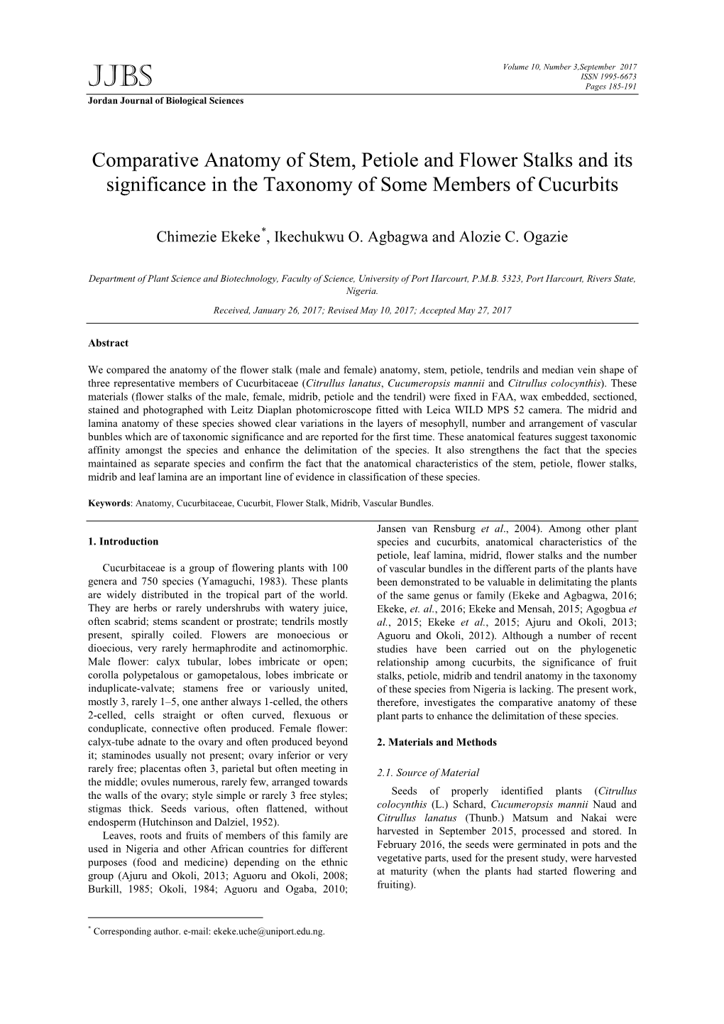 Comparative Anatomy of Stem, Petiole and Flower Stalks and Its Significance in the Taxonomy of Some Members of Cucurbits