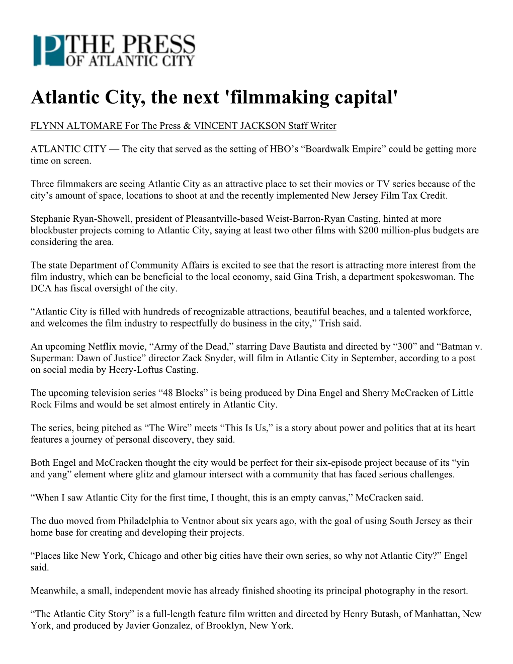 Atlantic City, the Next 'Filmmaking Capital'