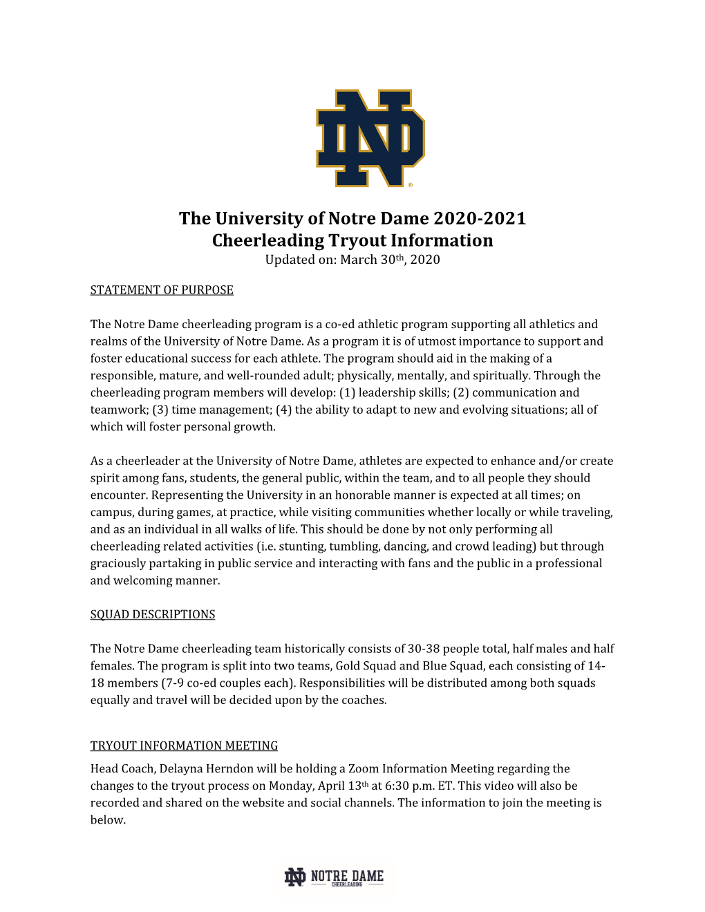 The University of Notre Dame 2020-2021 Cheerleading Tryout Information Updated On: March 30Th, 2020