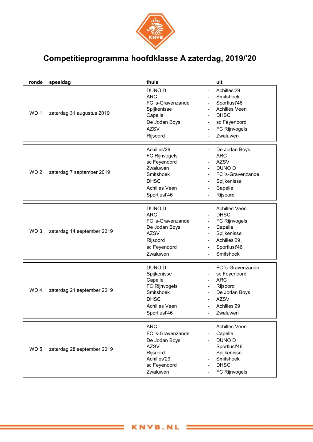 Competitieprogramma Hoofdklasse a Zaterdag, 2019/'20