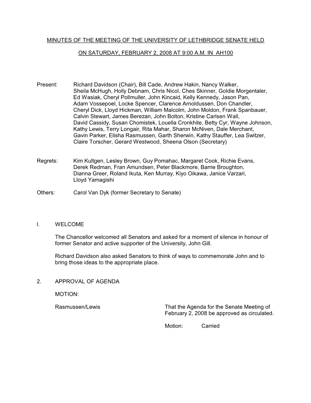 Minutes of the Meeting of the University of Lethbridge Senate Held