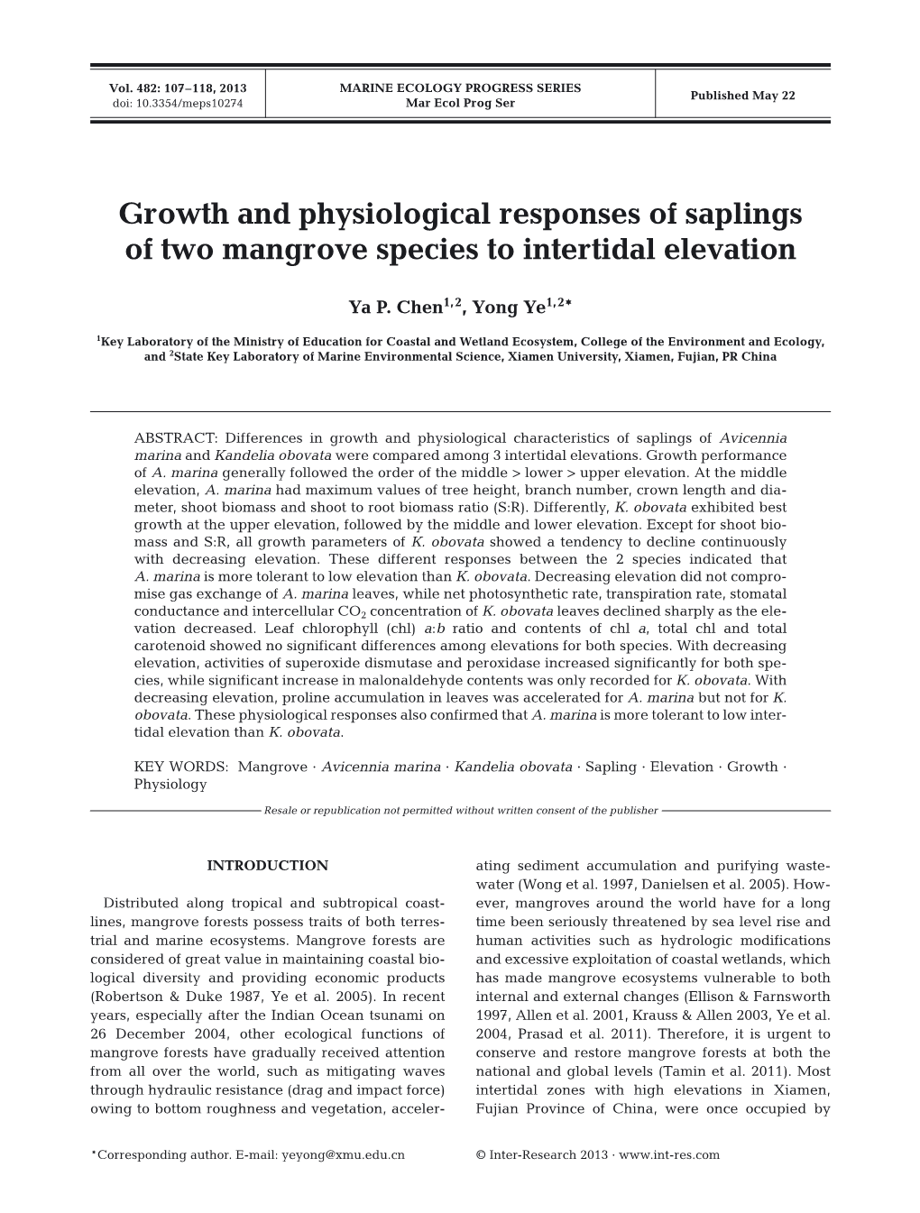 Growth and Physiological Responses of Saplings of Two Mangrove Species to Intertidal Elevation