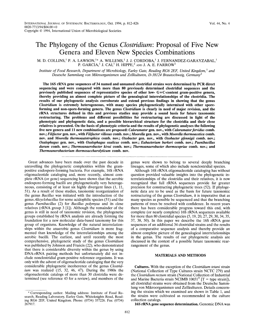 The Phylogeny of the Genus Clostridium: Proposal of Five New Genera and Eleven New Species Combinations M