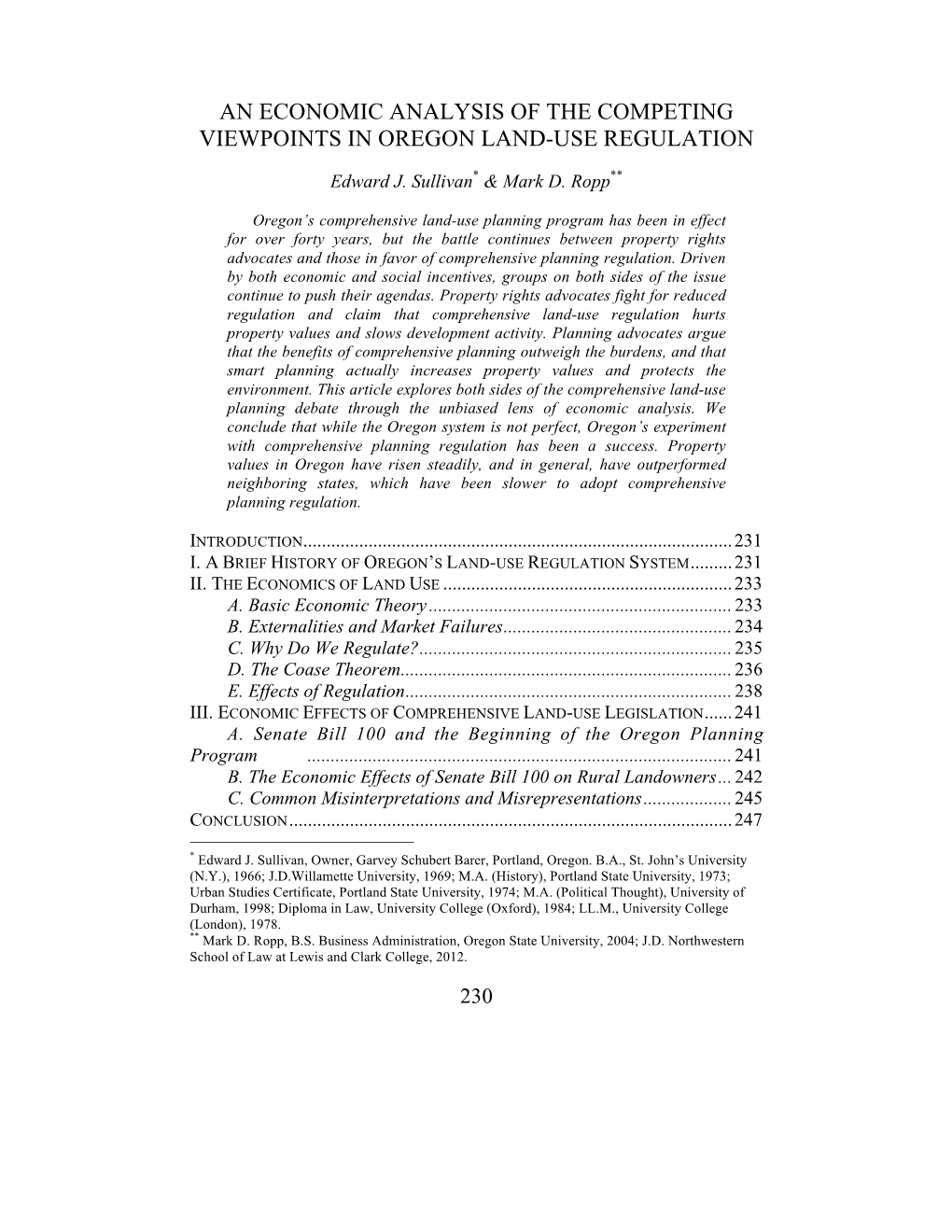 An Economic Analysis of the Competing Viewpoints in Oregon Land-Use Regulation