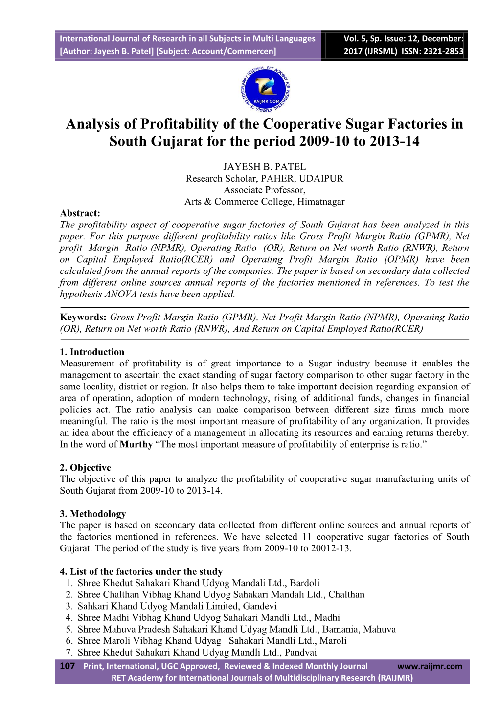 Analysis of Profitability of the Cooperative Sugar Factories in South Gujarat for the Period 2009-10 to 2013-14