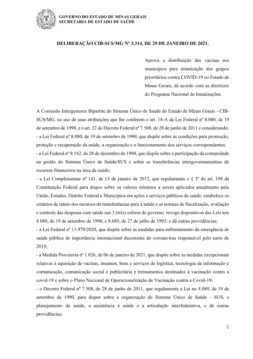 Deliberação Cib-Sus/Mg Nº 3.314, De 29 De Janeiro De 2021