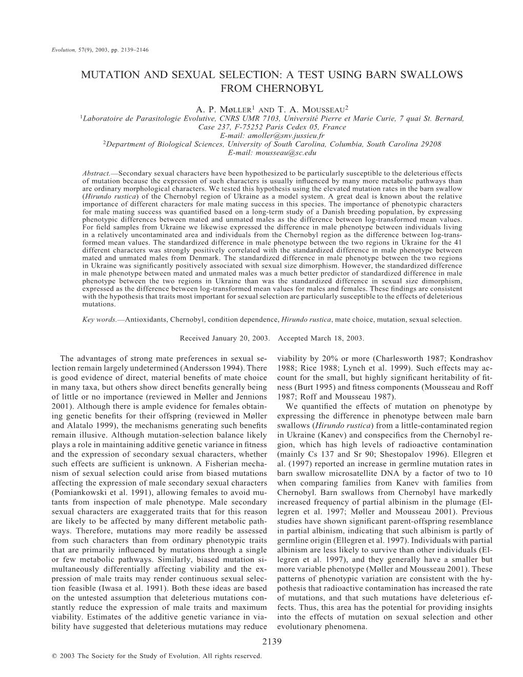 Mutation and Sexual Selection: a Test Using Barn Swallows from Chernobyl