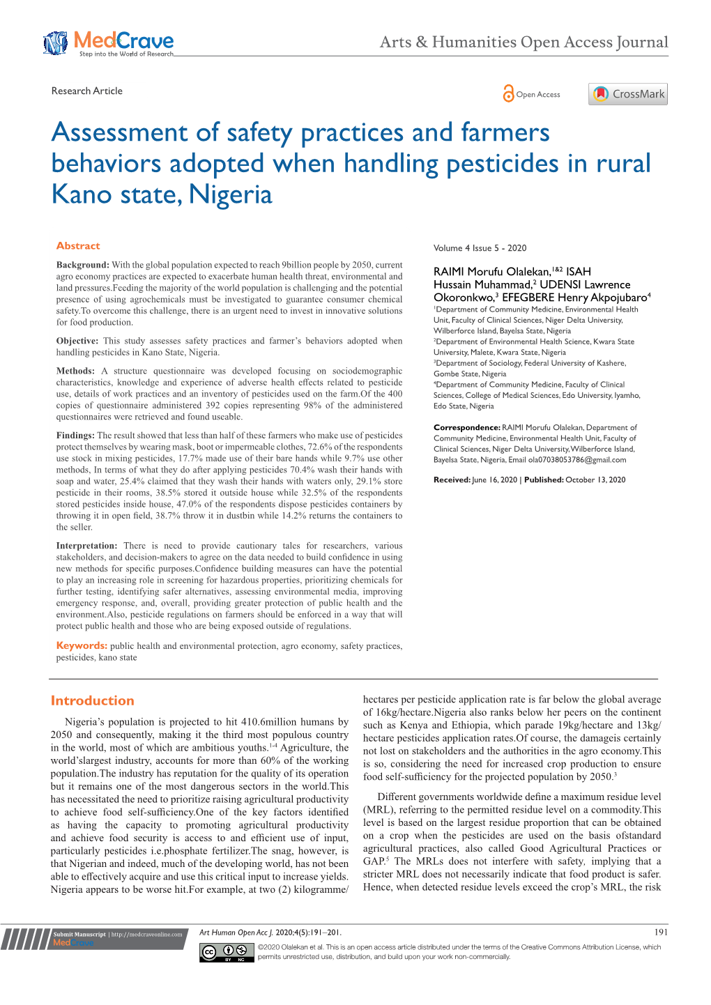 Assessment of Safety Practices and Farmers Behaviors Adopted When Handling Pesticides in Rural Kano State, Nigeria