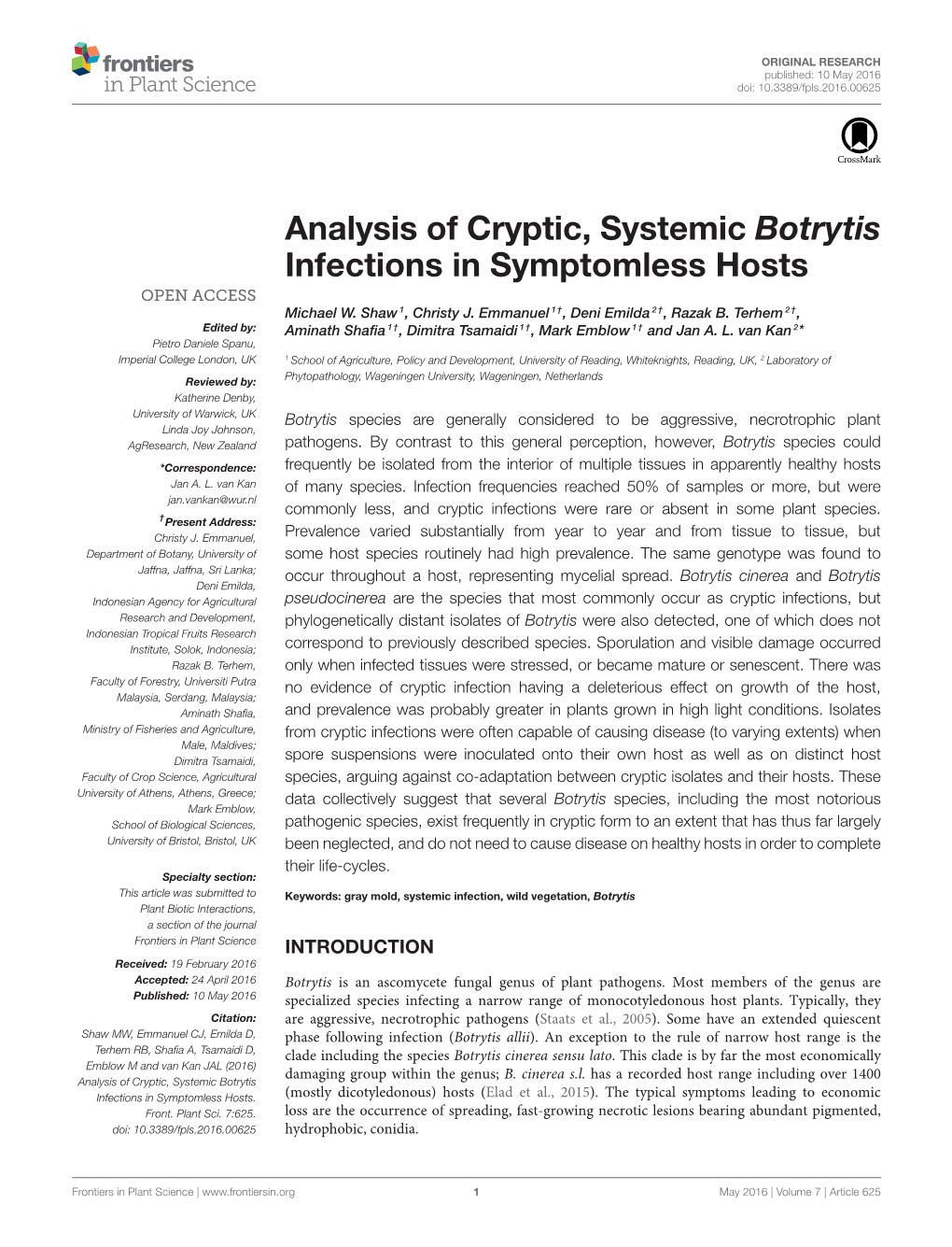 Analysis of Cryptic, Systemic Botrytis Infections in Symptomless Hosts