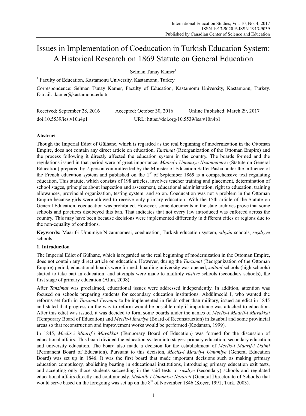 Issues in Implementation of Coeducation in Turkish Education System: a Historical Research on 1869 Statute on General Education