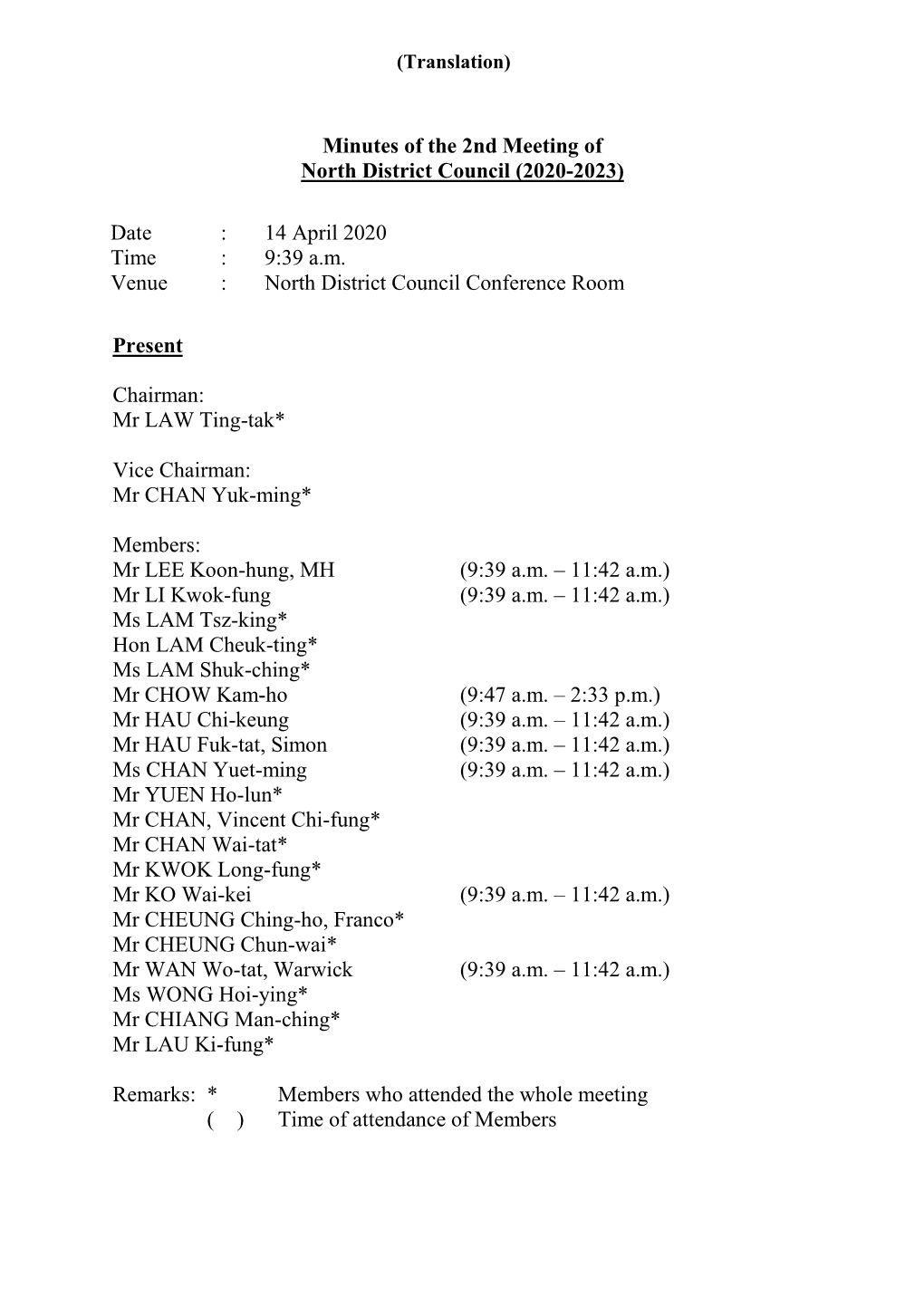 Minutes of the 2Nd Meeting of North District Council (2020-2023)