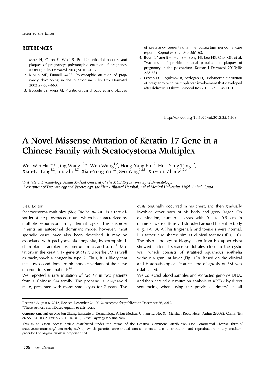 A Novel Missense Mutation of Keratin 17 Gene in a Chinese Family with Steatocystoma Multiplex