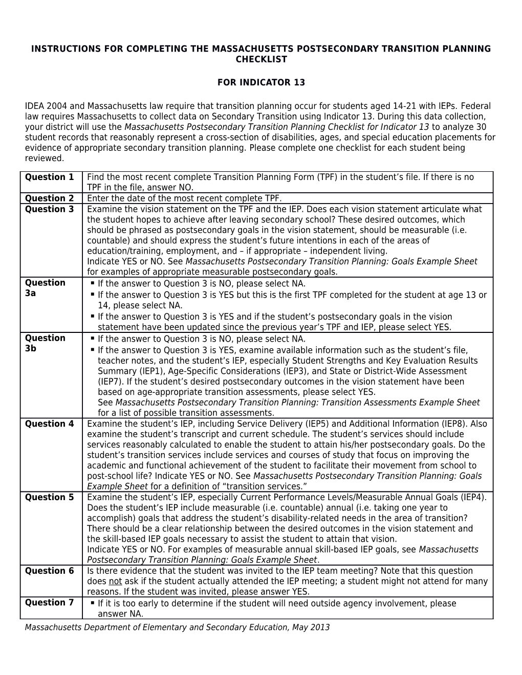 Instructions for Completing the Massachusetts Postsecondary Transition Planning Checklist