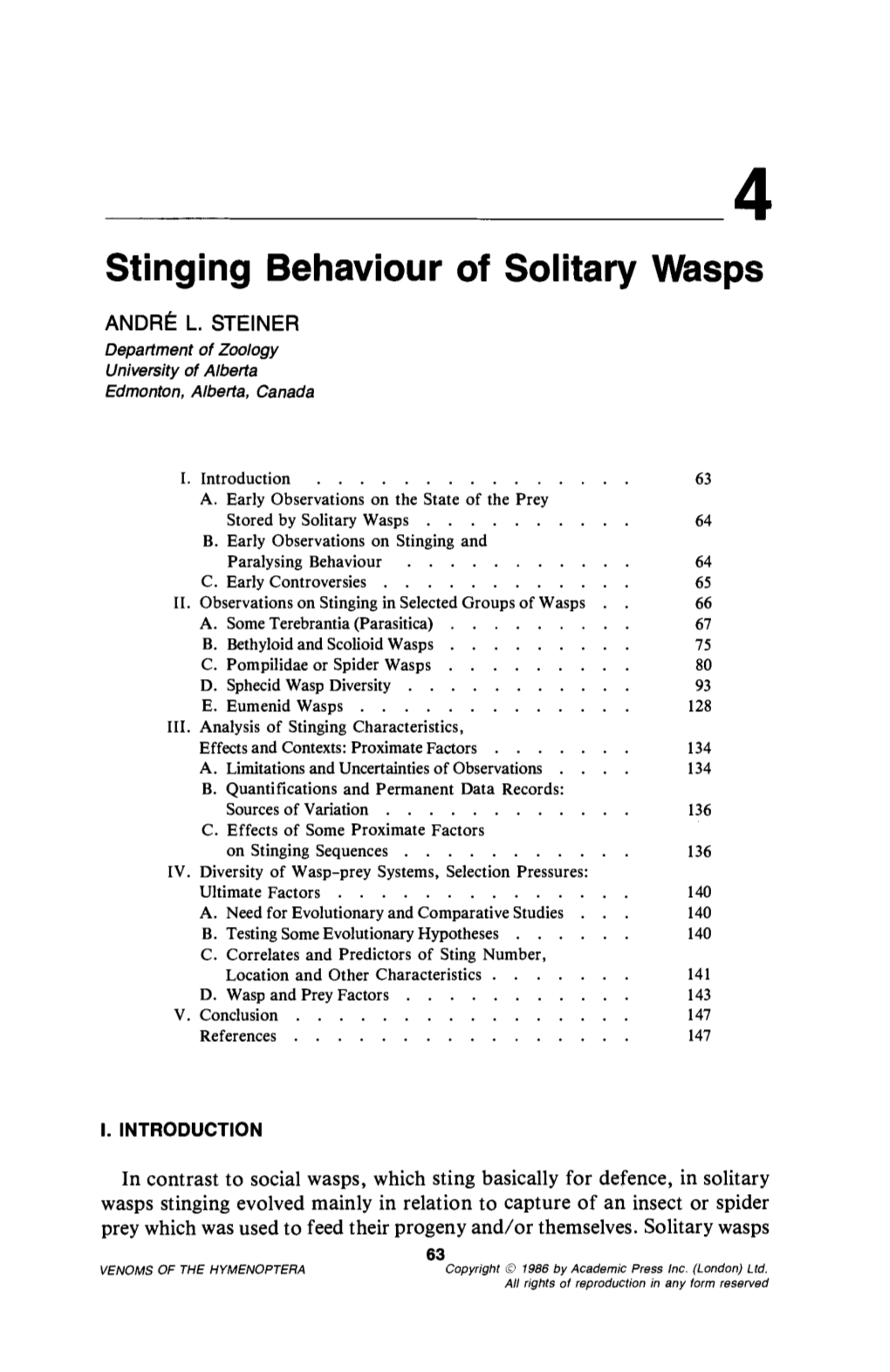 Stinging Behaviour of Solitary Wasps