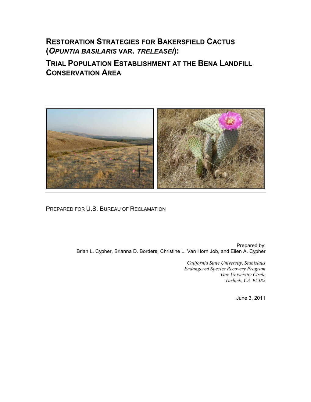 Restoration Strategies for Bakersfield Cactus (Opuntia Basilaris Var