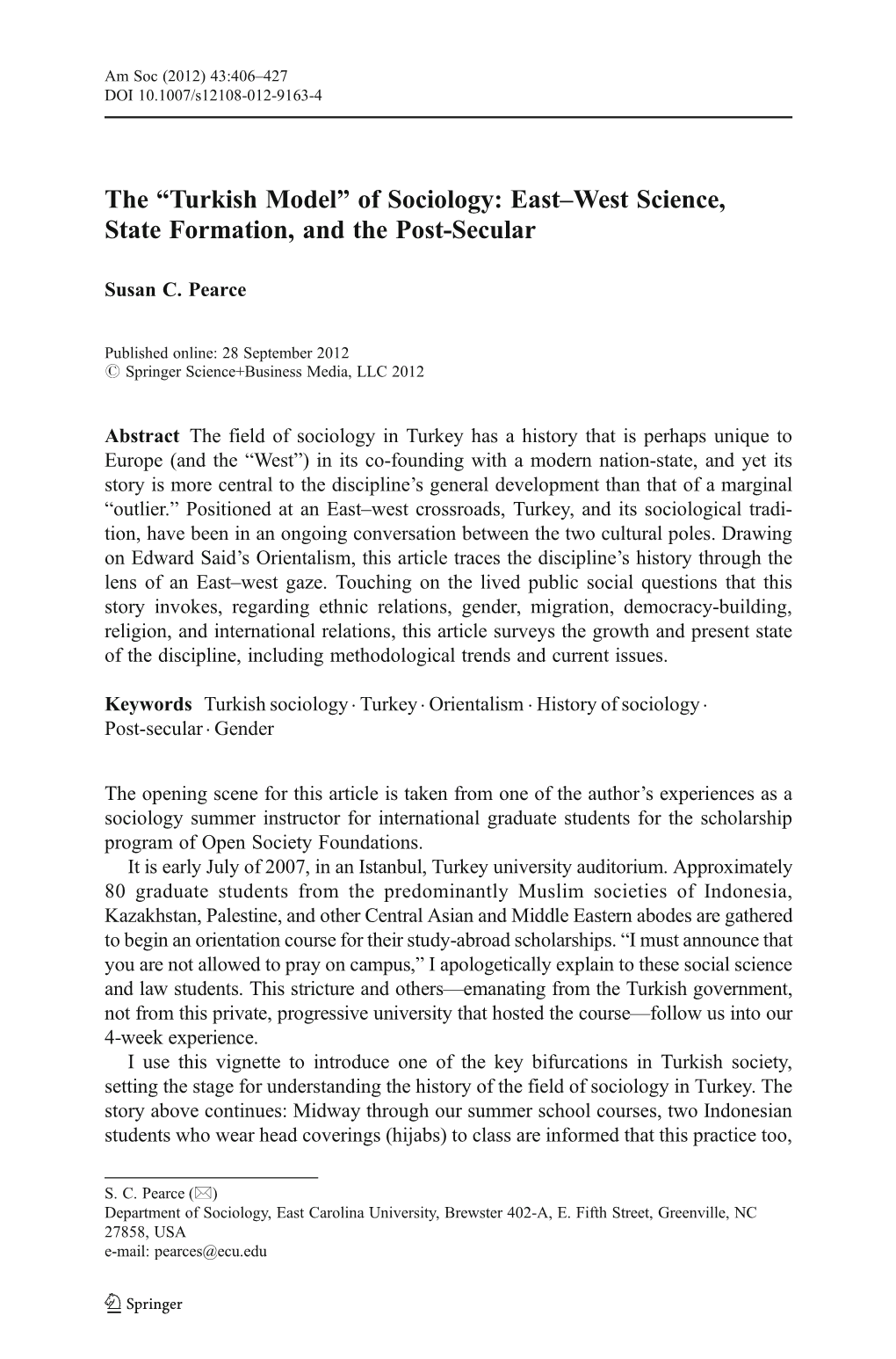The “Turkish Model” of Sociology: East–West Science, State Formation, and the Post-Secular