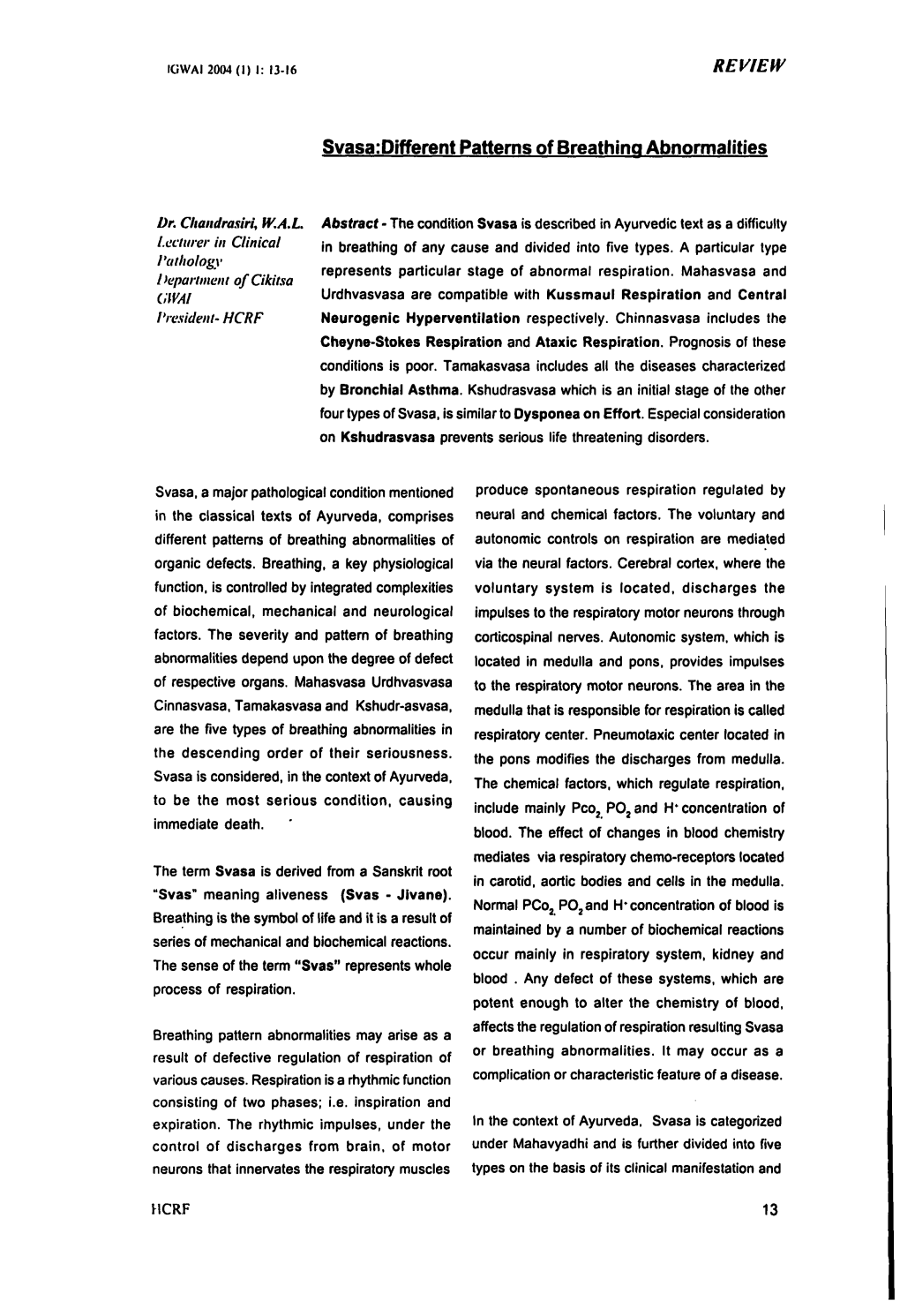 REVIEW Svasa:Different Patterns of Breathing Abnormalities Dr