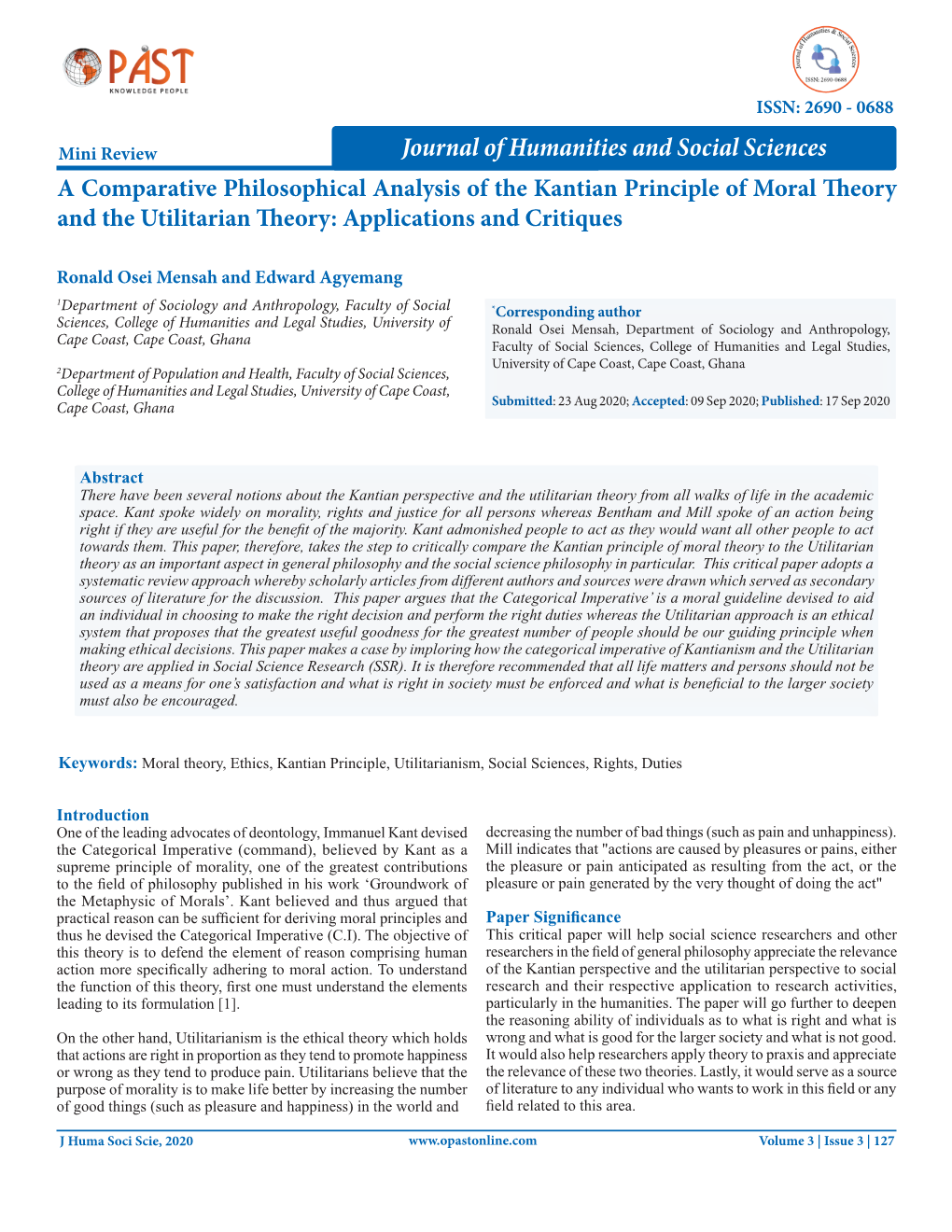 A Comparative Philosophical Analysis of the Kantian Principle of Moral Theory and the Utilitarian Theory: Applications and Critiques