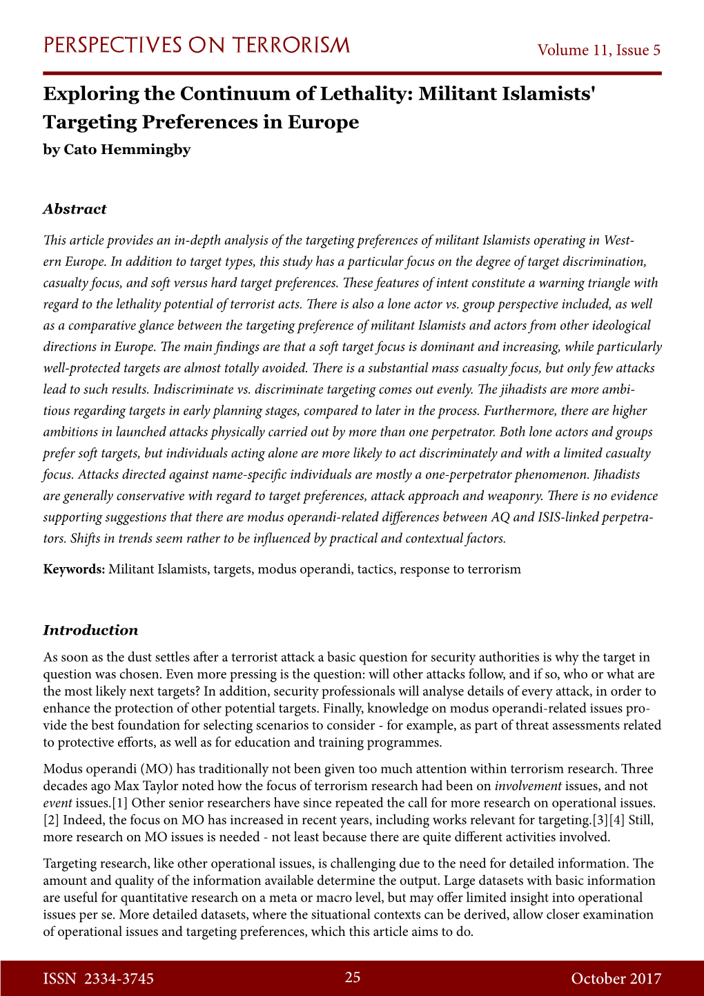 Exploring the Continuum of Lethality: Militant Islamists' Targeting Preferences in Europe by Cato Hemmingby