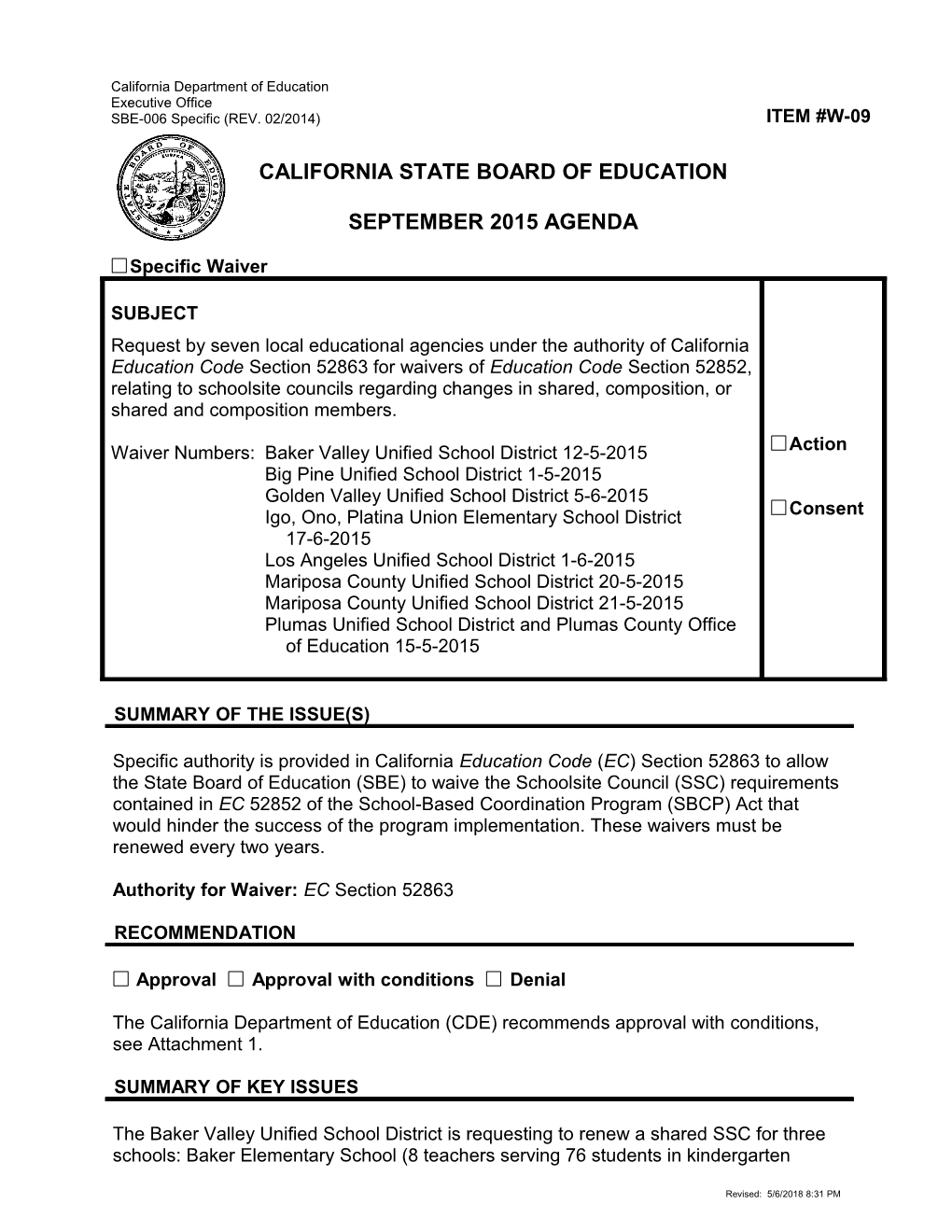 September 2015 Waiver Item W-09 - Meeting Agendas (CA State Board of Education)