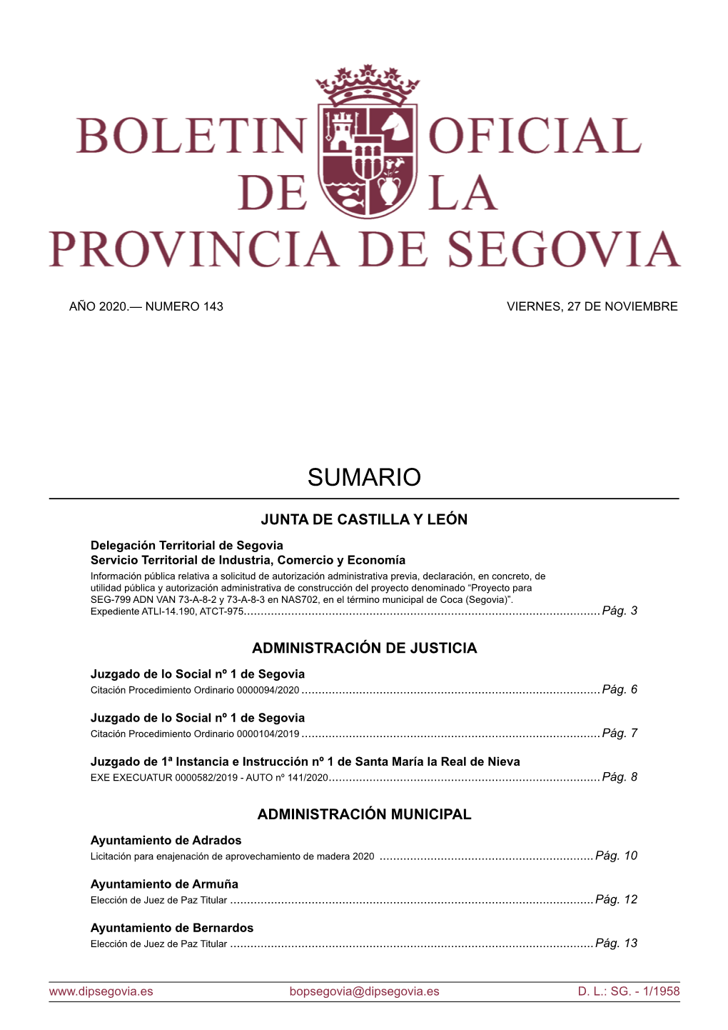Boletín Oficial De La Provincia De Segovia BOPS