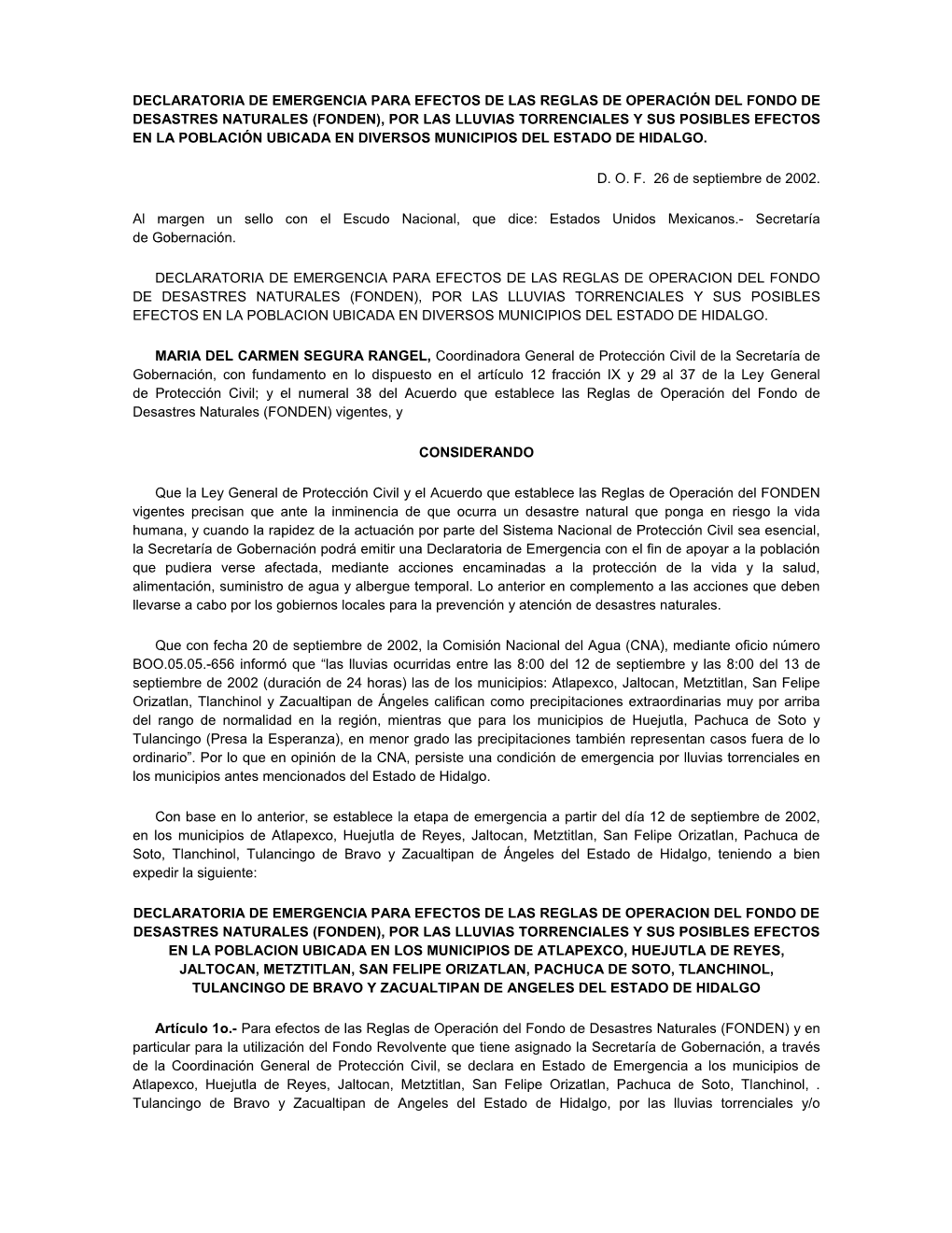 Declaratoria De Emergencia Para Efectos De Las Reglas De Operación