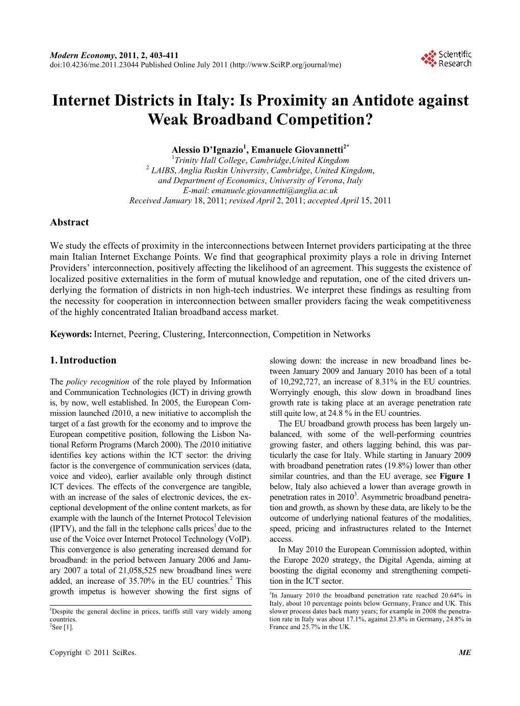 Internet Districts in Italy: Is Proximity an Antidote Against Weak Broadband Competition?