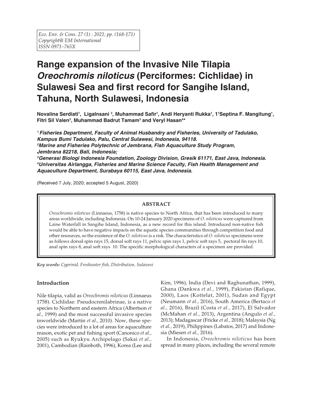 Range Expansion of the Invasive Nile Tilapia Oreochromis Niloticus