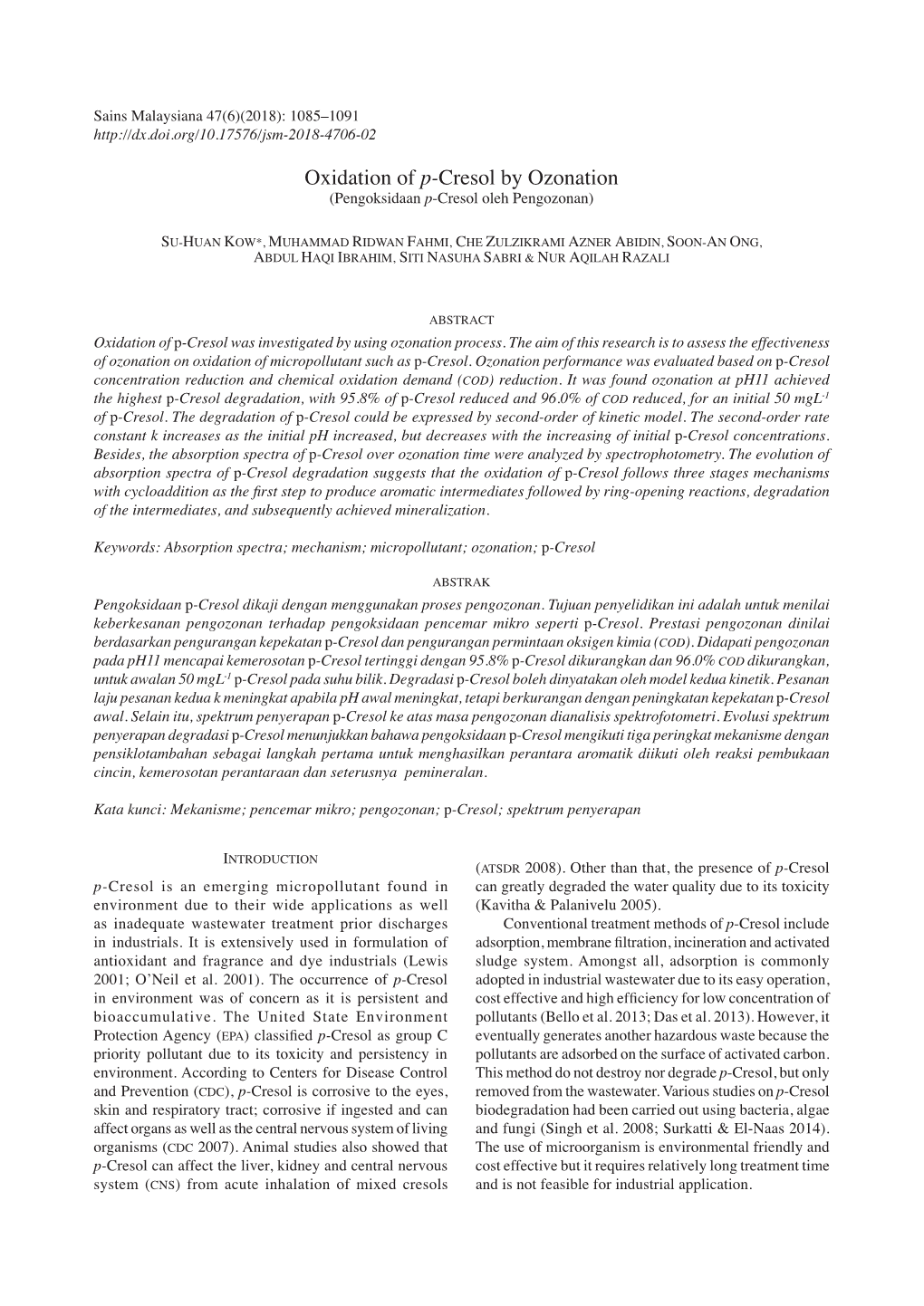 Oxidation of P-Cresol by Ozonation (Pengoksidaan P-Cresol Oleh Pengozonan)