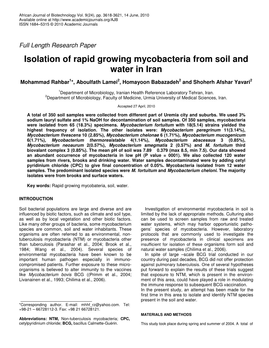 Isolation of Rapid Growing Mycobacteria from Soil and Water in Iran