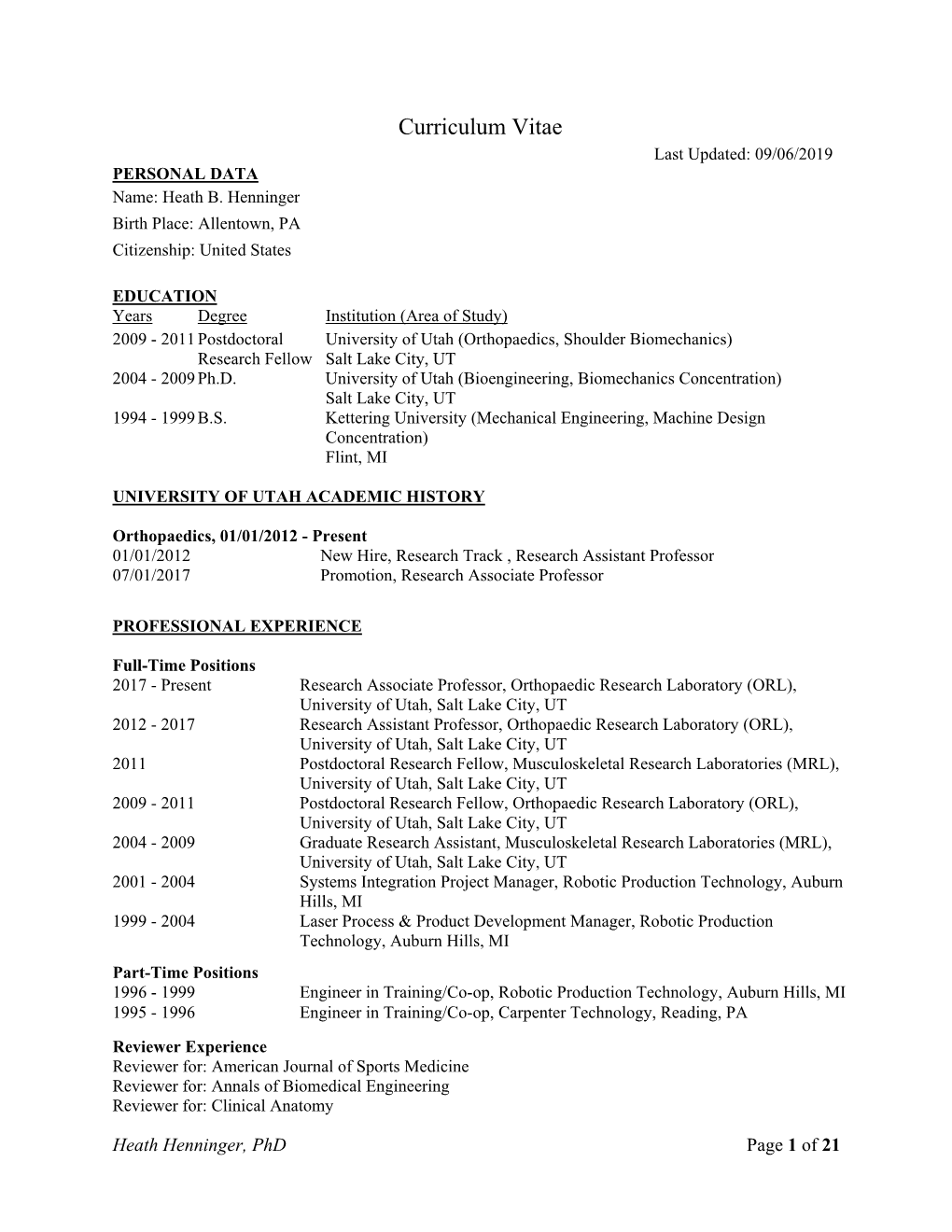 Curriculum Vitae Last Updated: 09/06/2019 PERSONAL DATA Name: Heath B