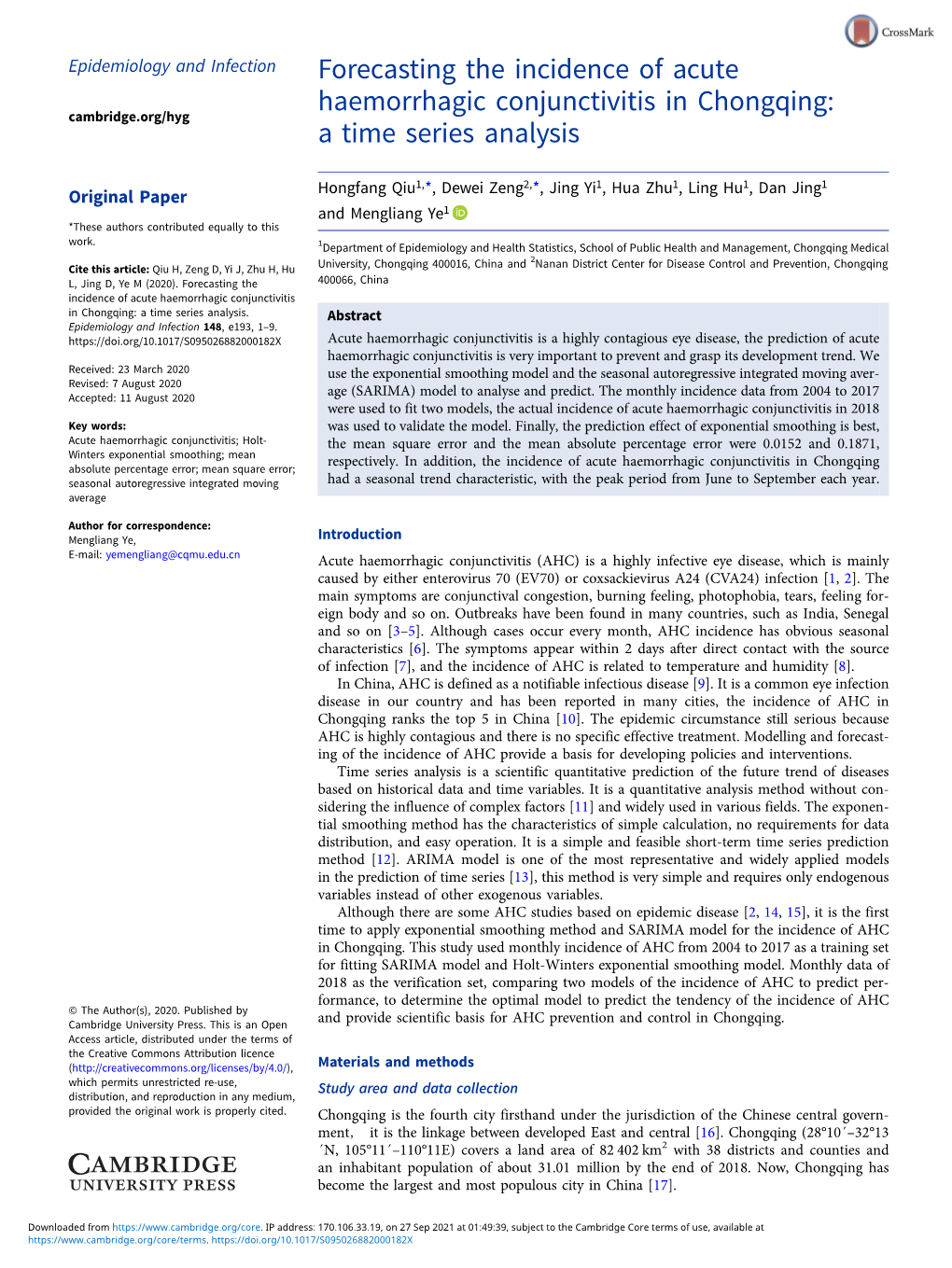 Forecasting the Incidence of Acute Haemorrhagic Conjunctivitis in Chongqing: Cambridge.Org/Hyg a Time Series Analysis