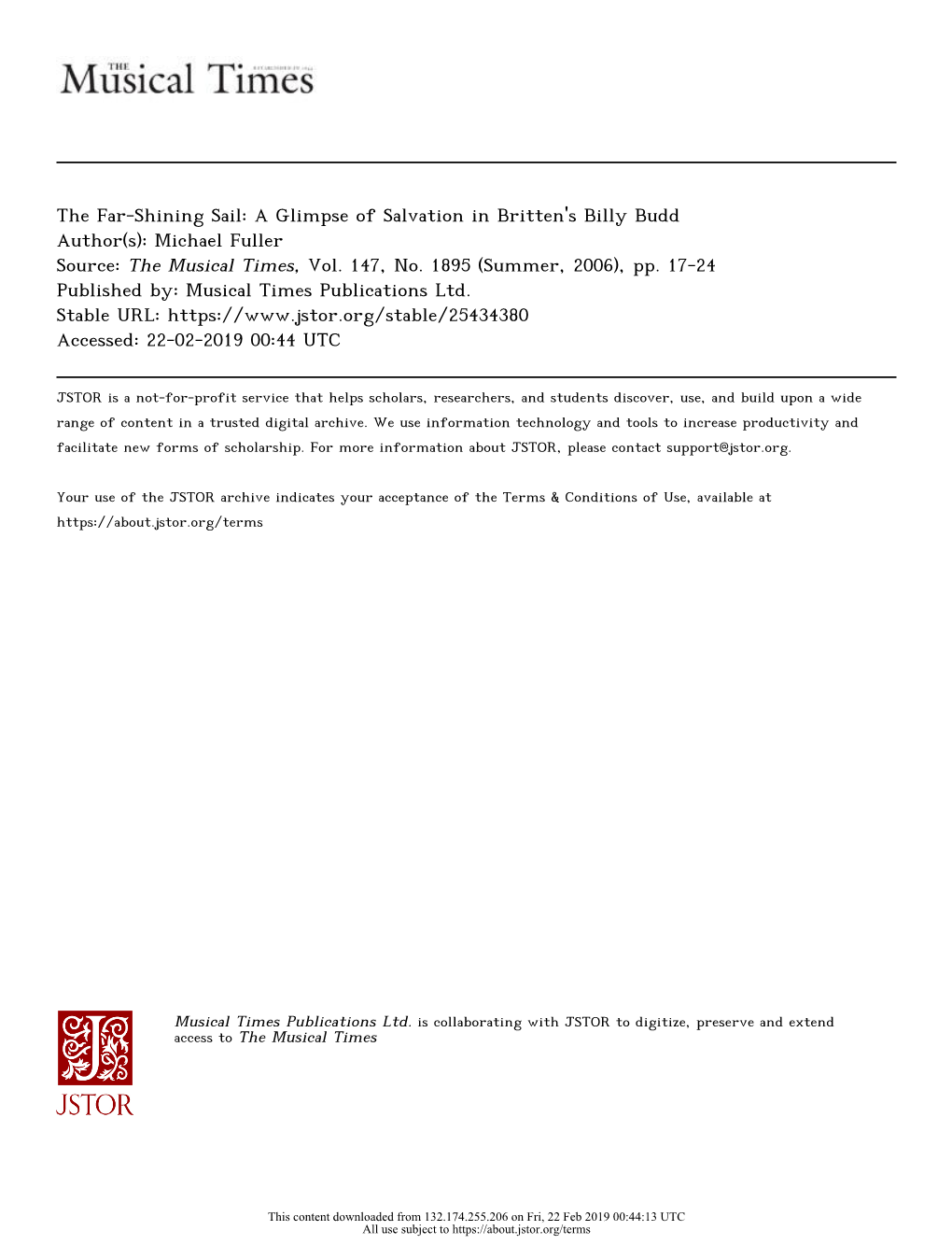 The Far-Shining Sail: a Glimpse of Salvation in Britten's Billy Budd Author(S): Michael Fuller Source: the Musical Times, Vol