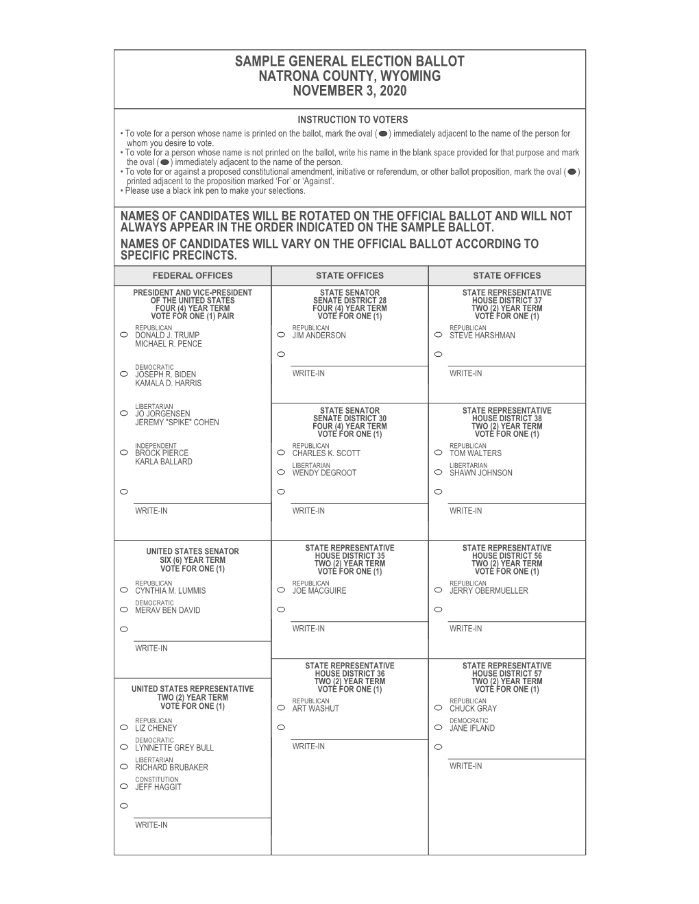 Sample General Election Ballot Natrona County, Wyoming November 3, 2020